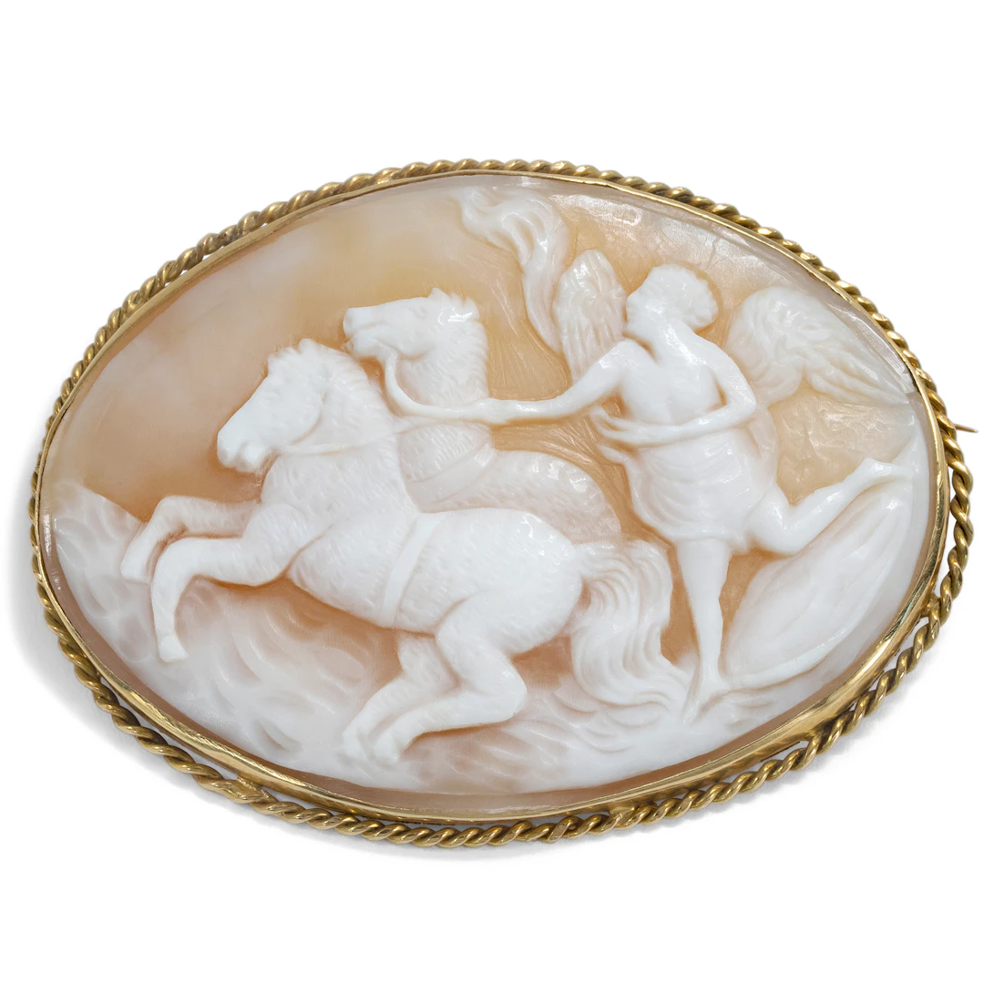 Vintage Shell Cameo Brooch "Pax with the Horses of Mars" after Gagneraux