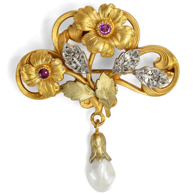 Antique Brooch with Rubies, Diamonds & "Antillean Pearl", Paris c. 1910