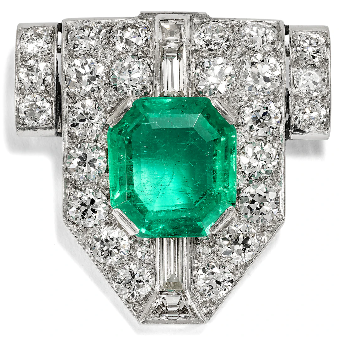 Precious Brooch With Colombian Emerald & Diamonds in Platinum, c. 1930