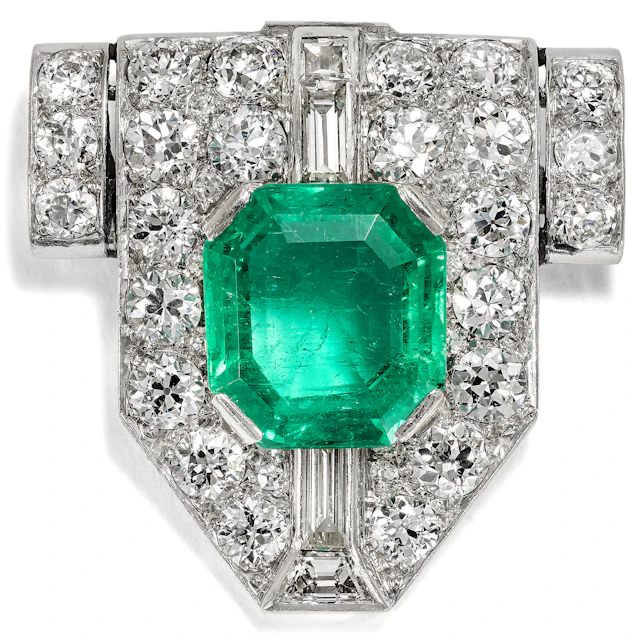 Precious Brooch With Colombian Emerald & Diamonds in Platinum, c. 1930