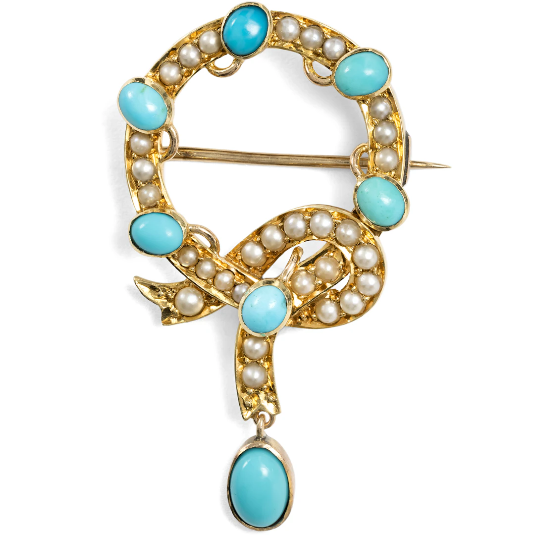 Late Victorian Pearl and Turquoise Brooch in Gold, British, c. 1900