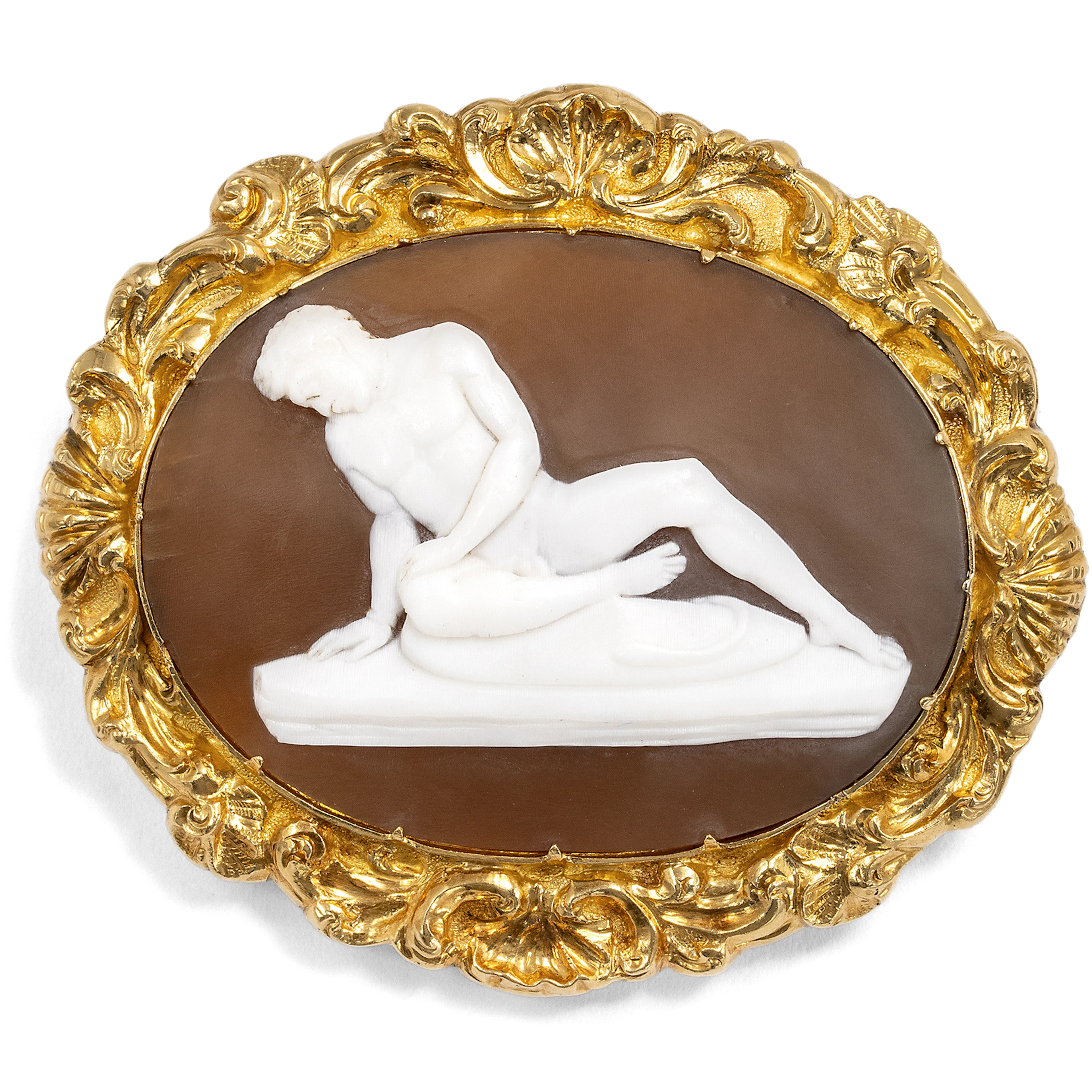 Antique Shell Cameo Depicting a Roman Statue Set in Gold, c. 1845