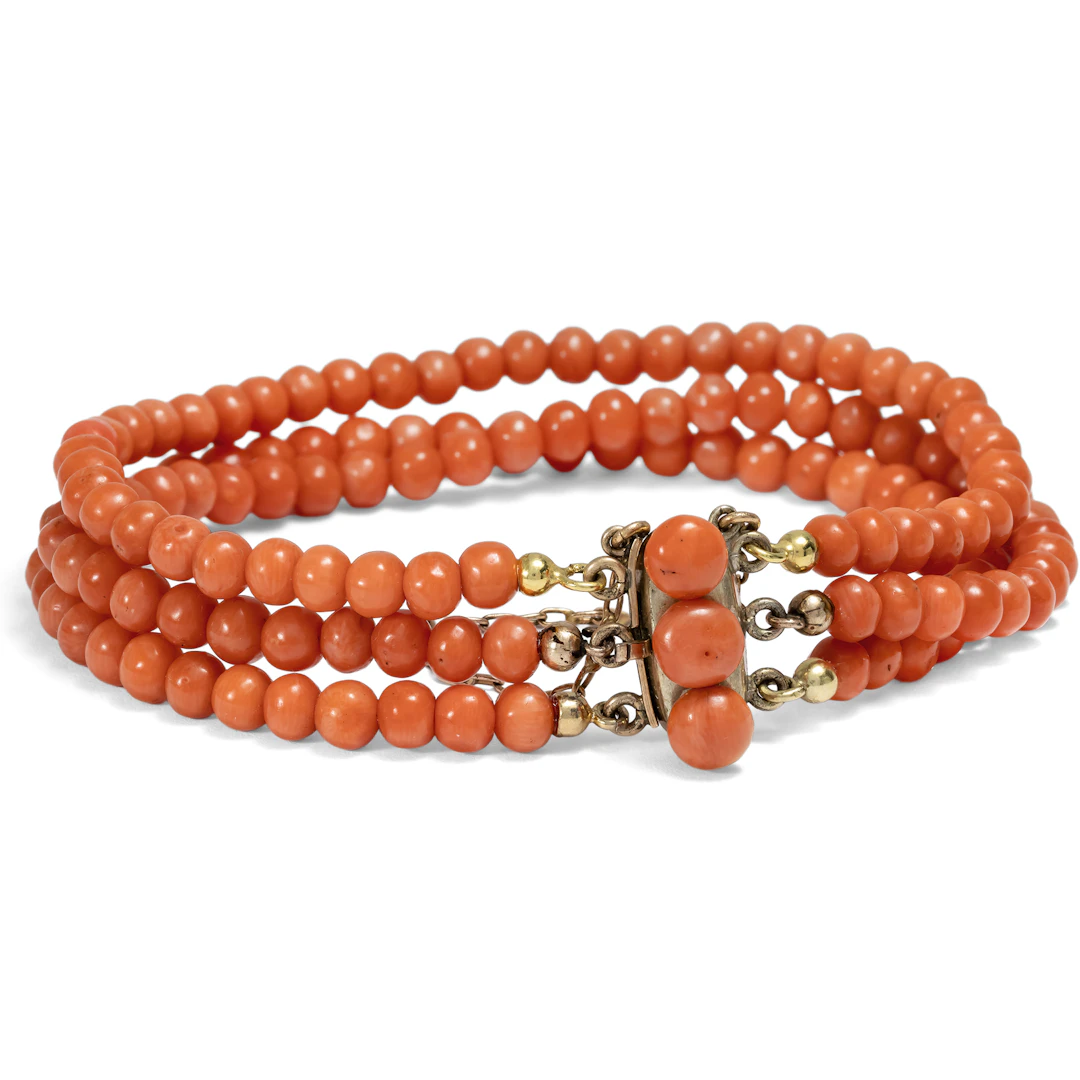 Antique Three-Strand Bracelet Made of Mediterranean Coral, c. 1900