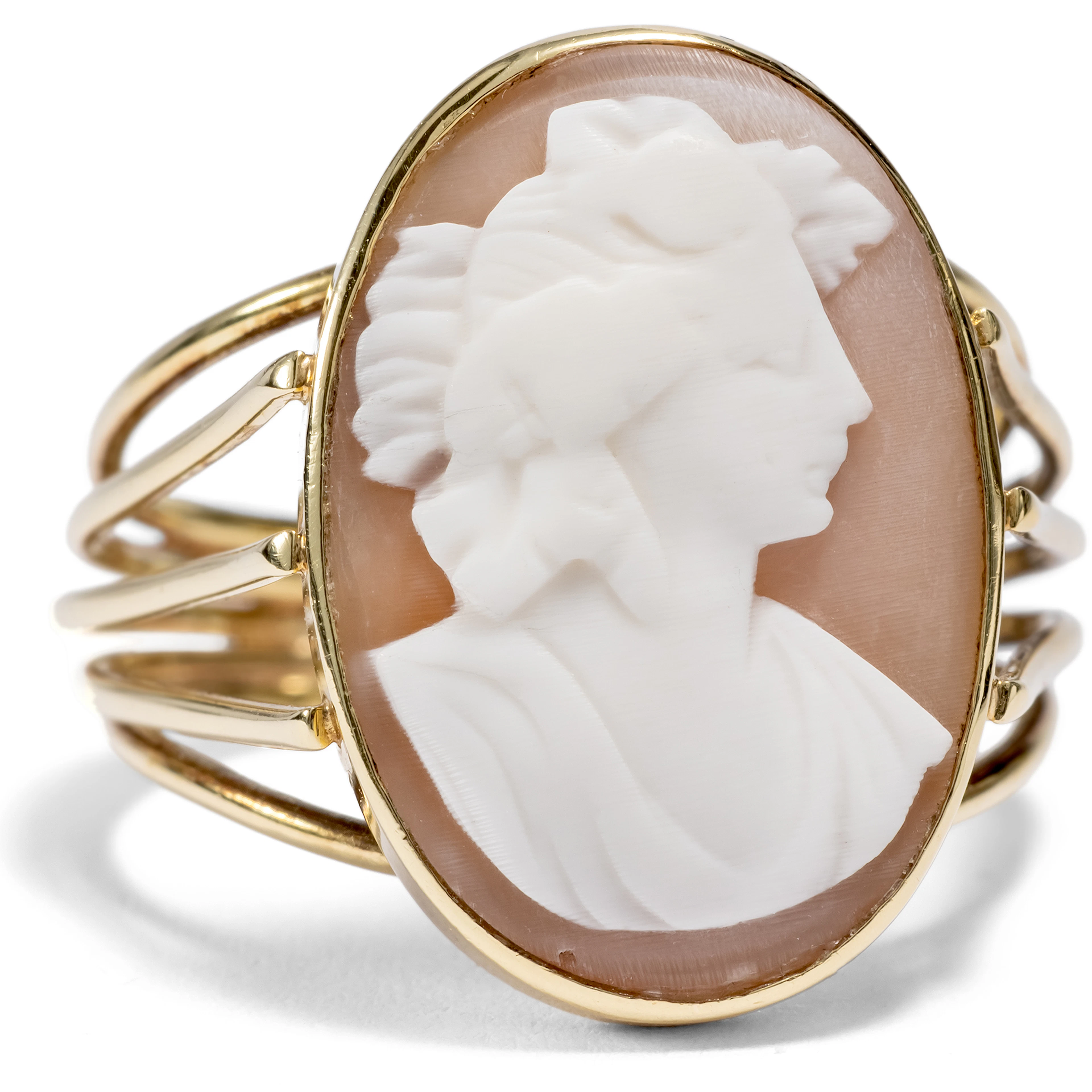 Vintage Gold Ring with Antique Shell Cameo of a Bacchante, c. 1880 & 1960