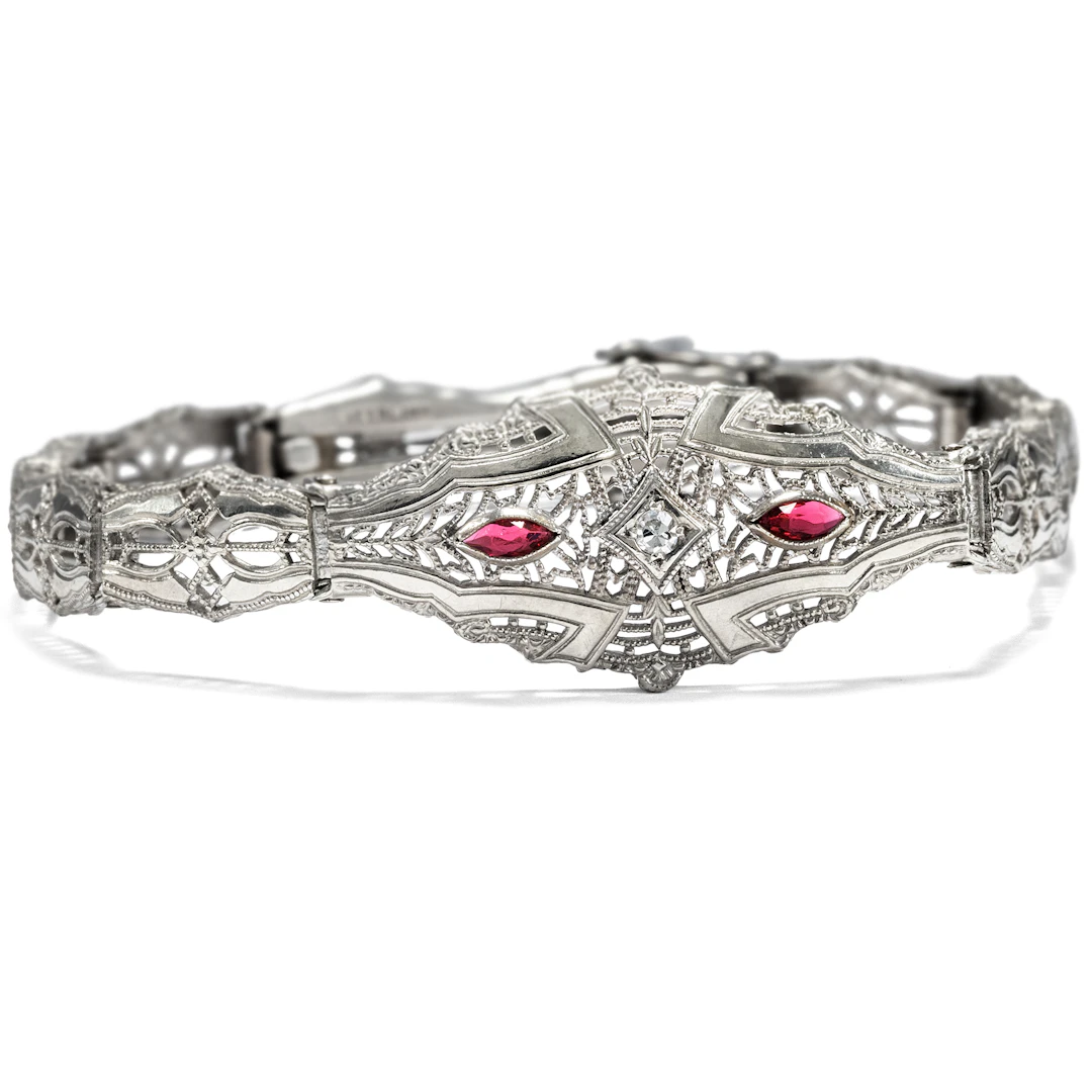 Art Deco Filigree Bracelet With Diamond & Red Glass Pastes in Silver