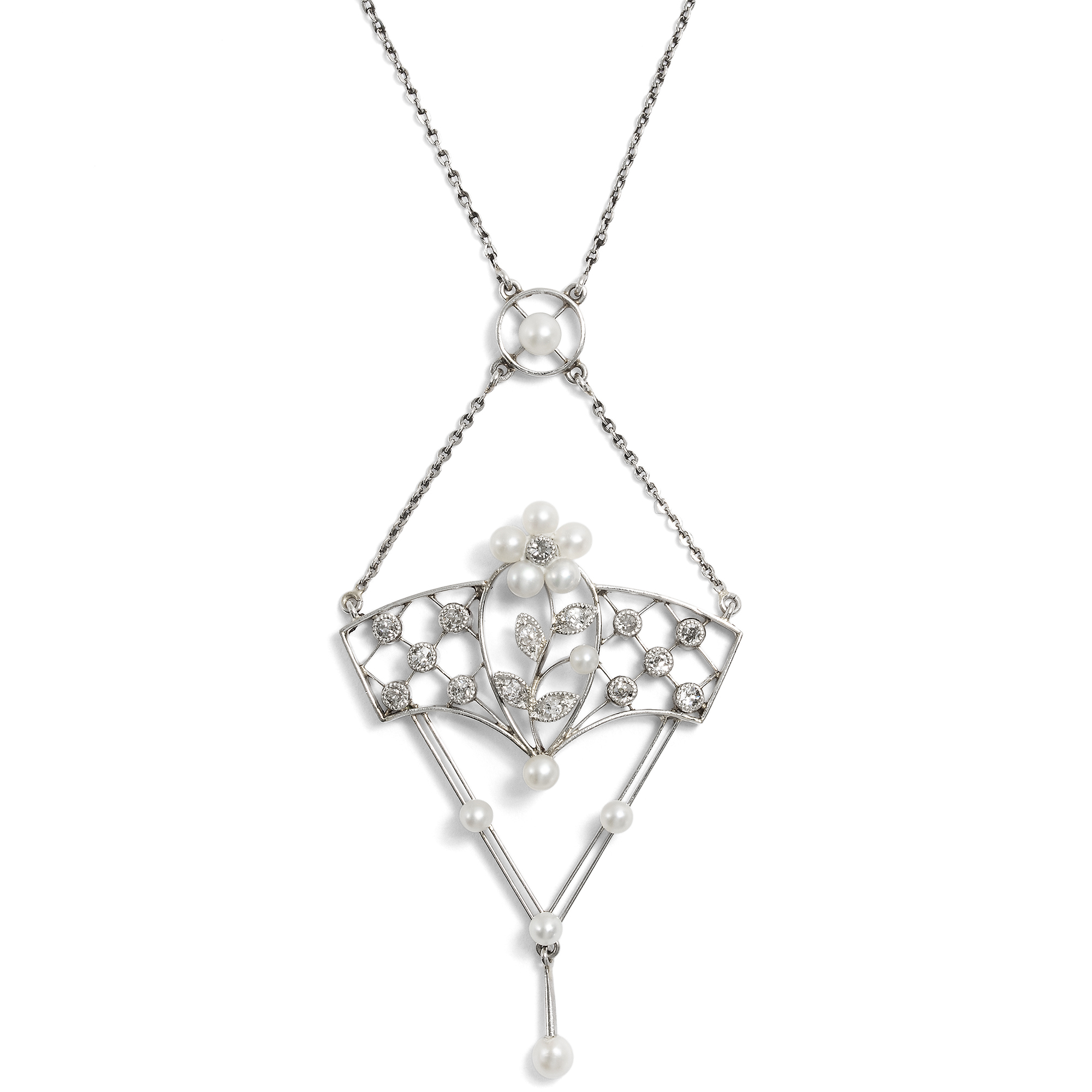Delicate Necklace with Natural Pearls & Diamonds in Platinum, c. 1910