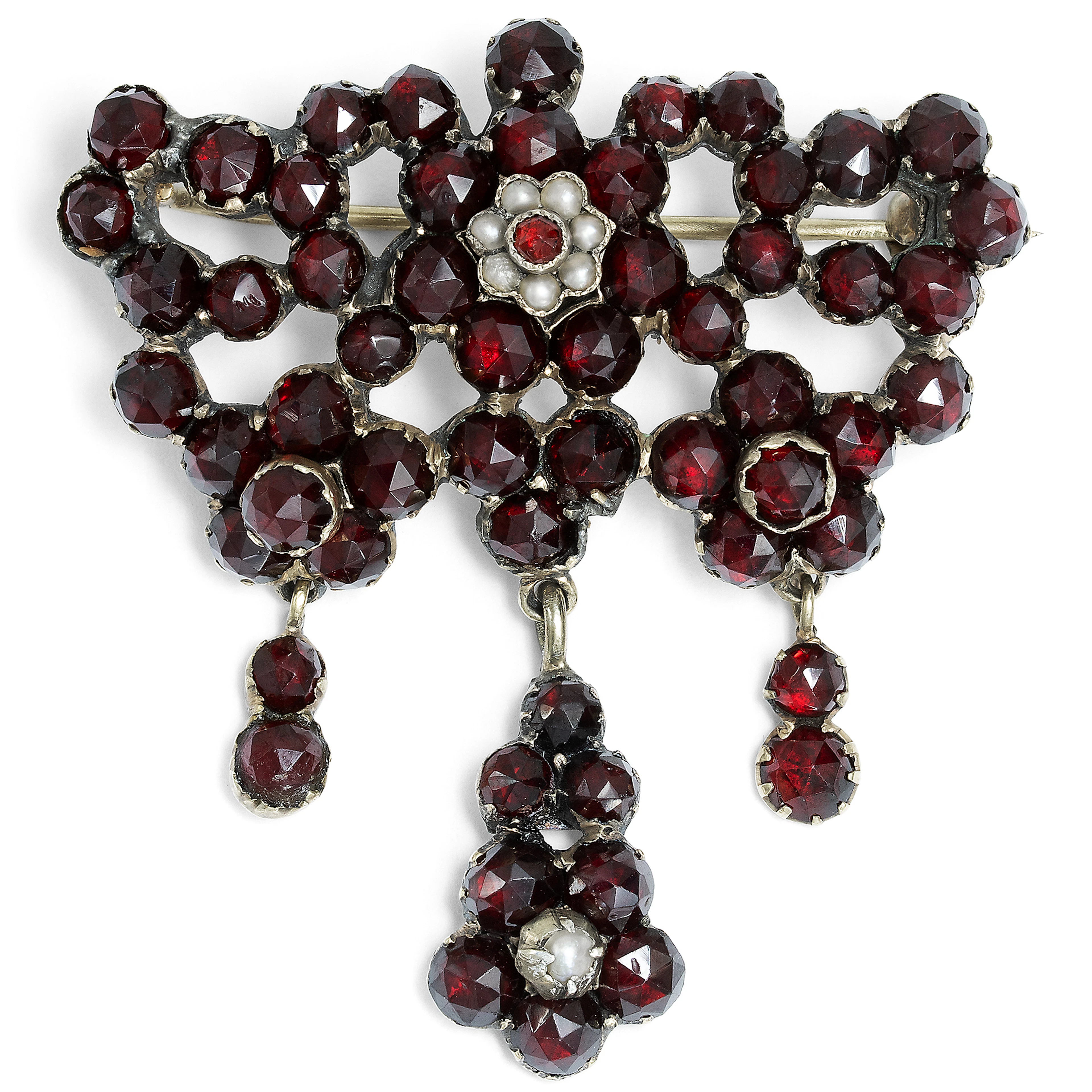 Antique Sévigné Brooch with Bohemian Garnets & Pearls, c. 1870