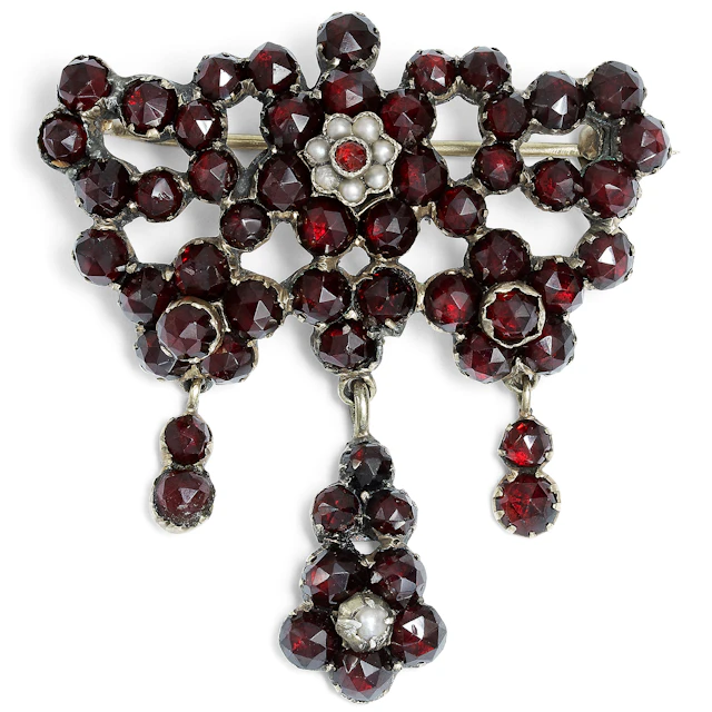 Antique Sévigné Brooch with Bohemian Garnets & Pearls, c. 1870