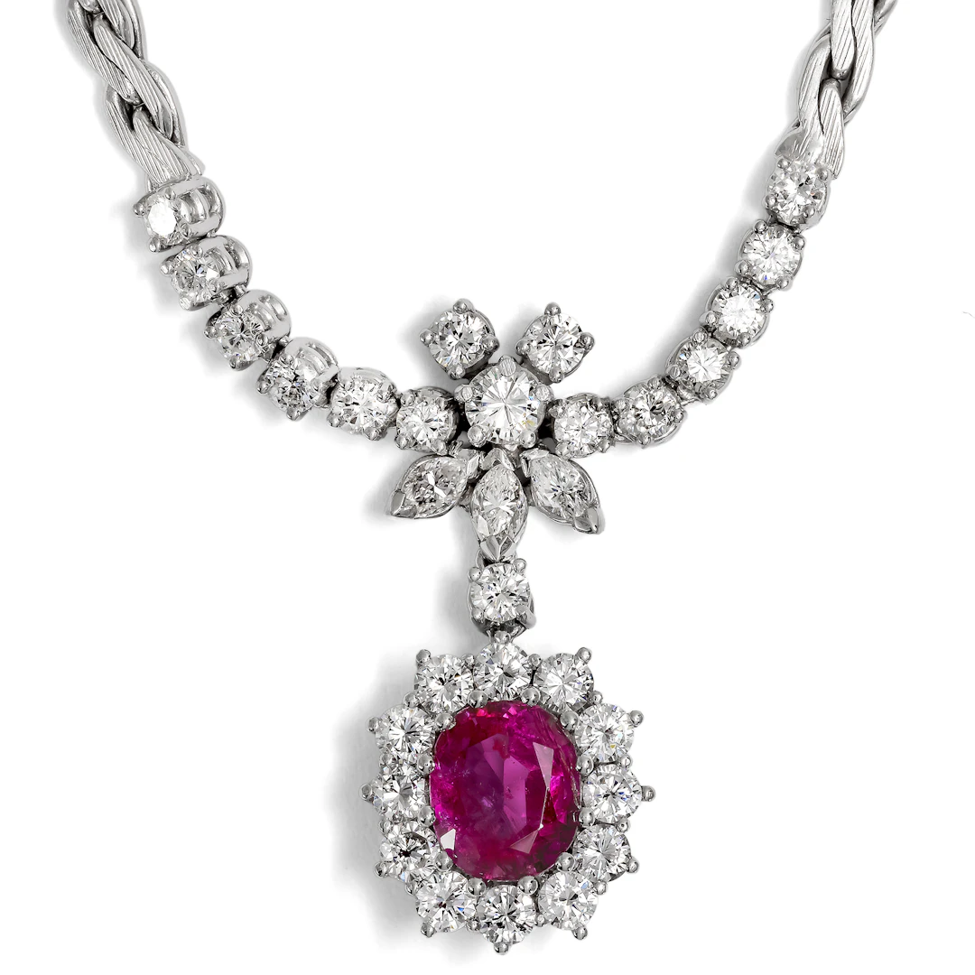 Elegant White Gold Necklace with Burma Ruby & 1.50 ct Diamonds, c. 1980