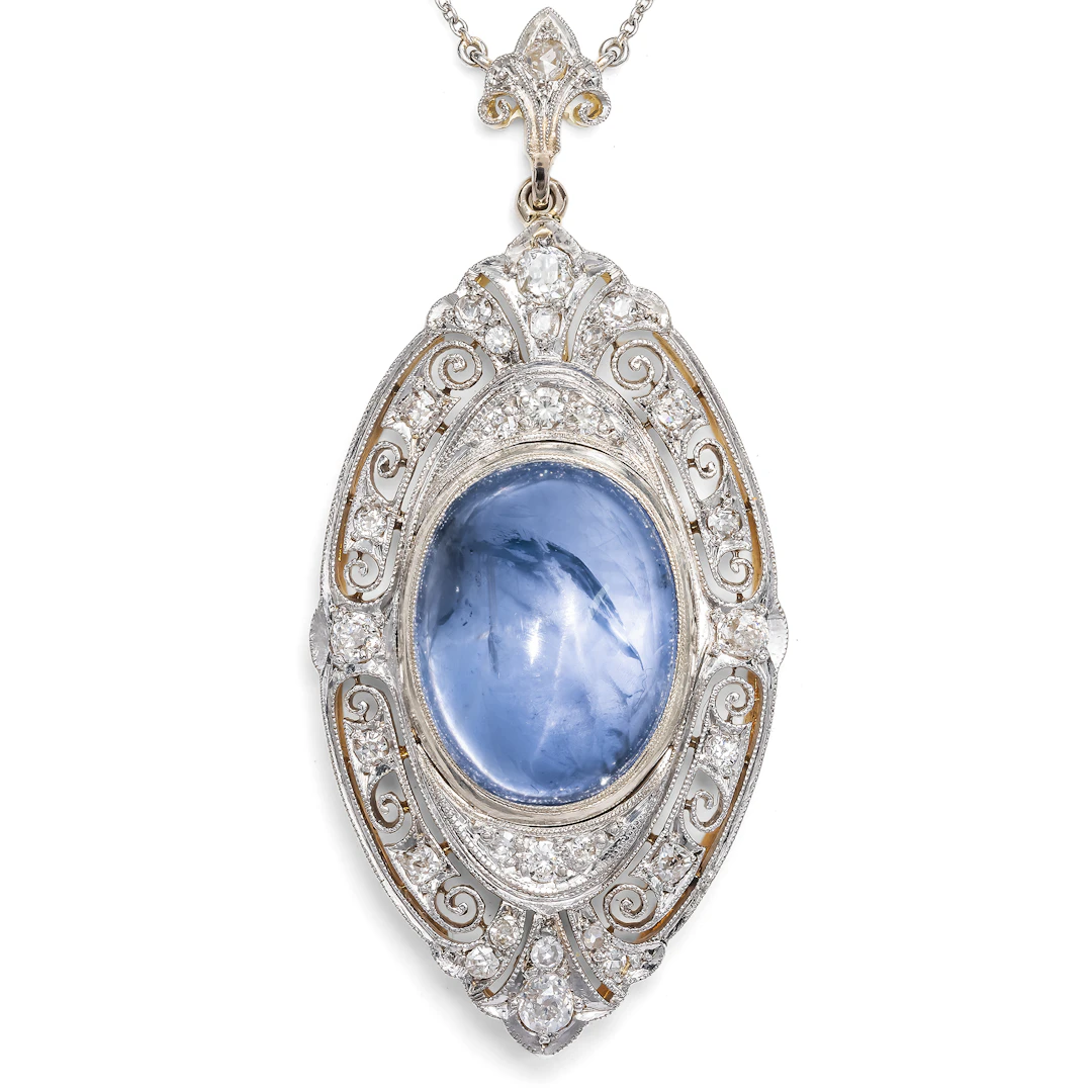 Delicate Star Sapphire and Diamond Necklace in Platinum on Gold, c.