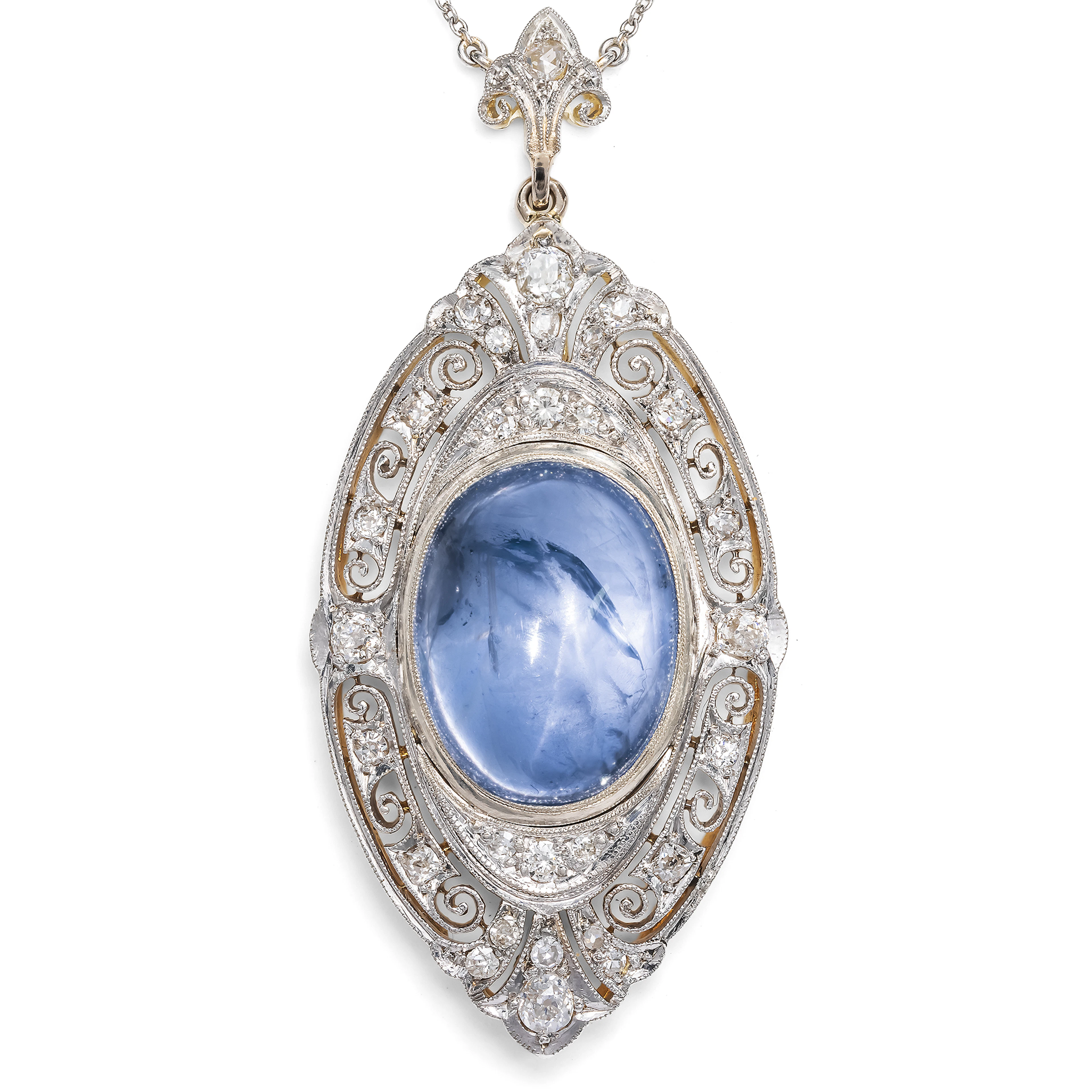 Delicate Star Sapphire and Diamond Necklace in Platinum on Gold, c.