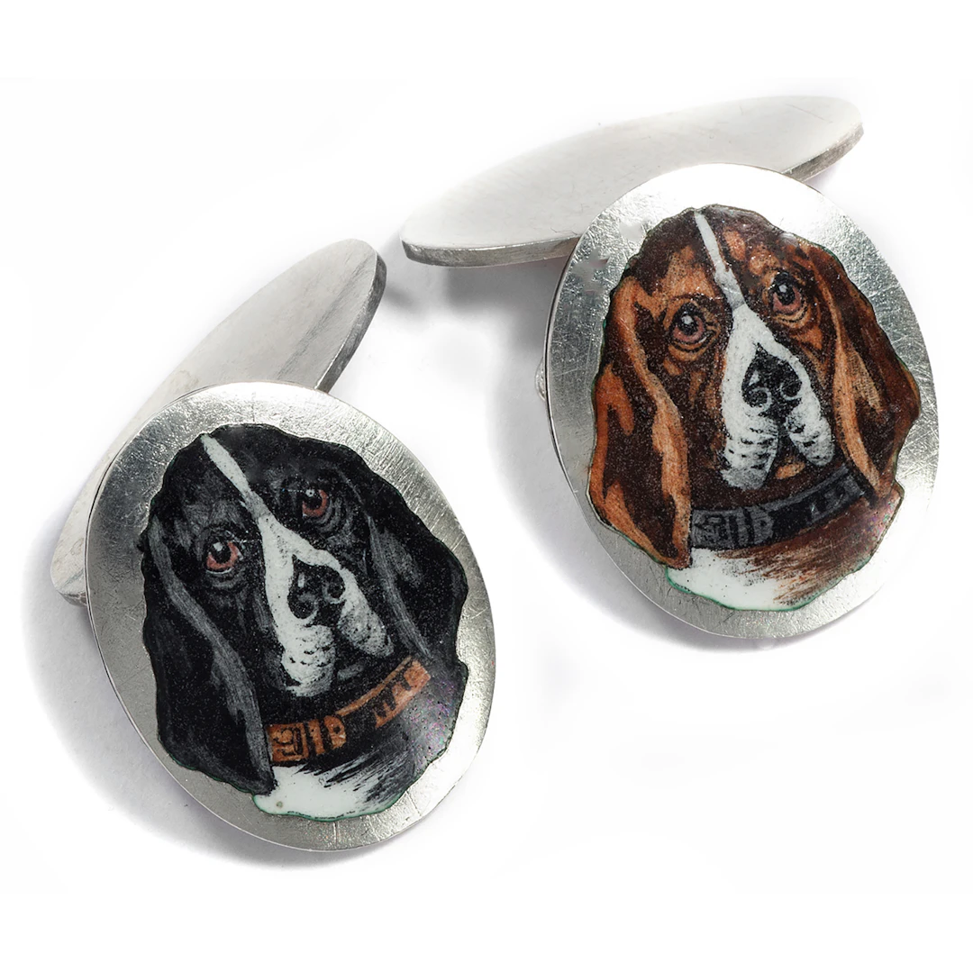 Antique Novelty Cufflinks with Enameled Bassets, c. 1900