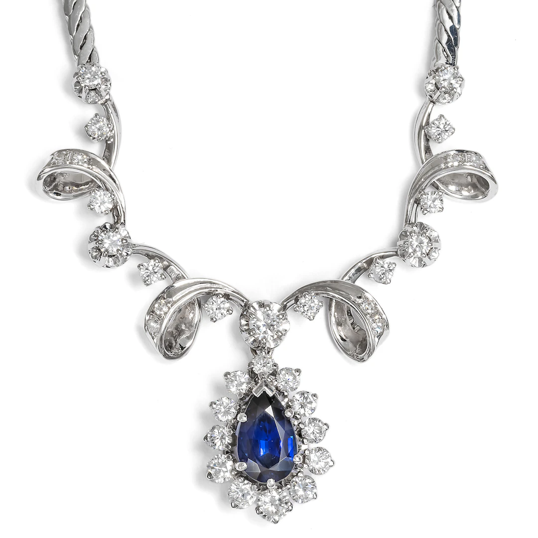 Precious White Gold Necklace with Sapphire & Diamonds, Germany c. 1975