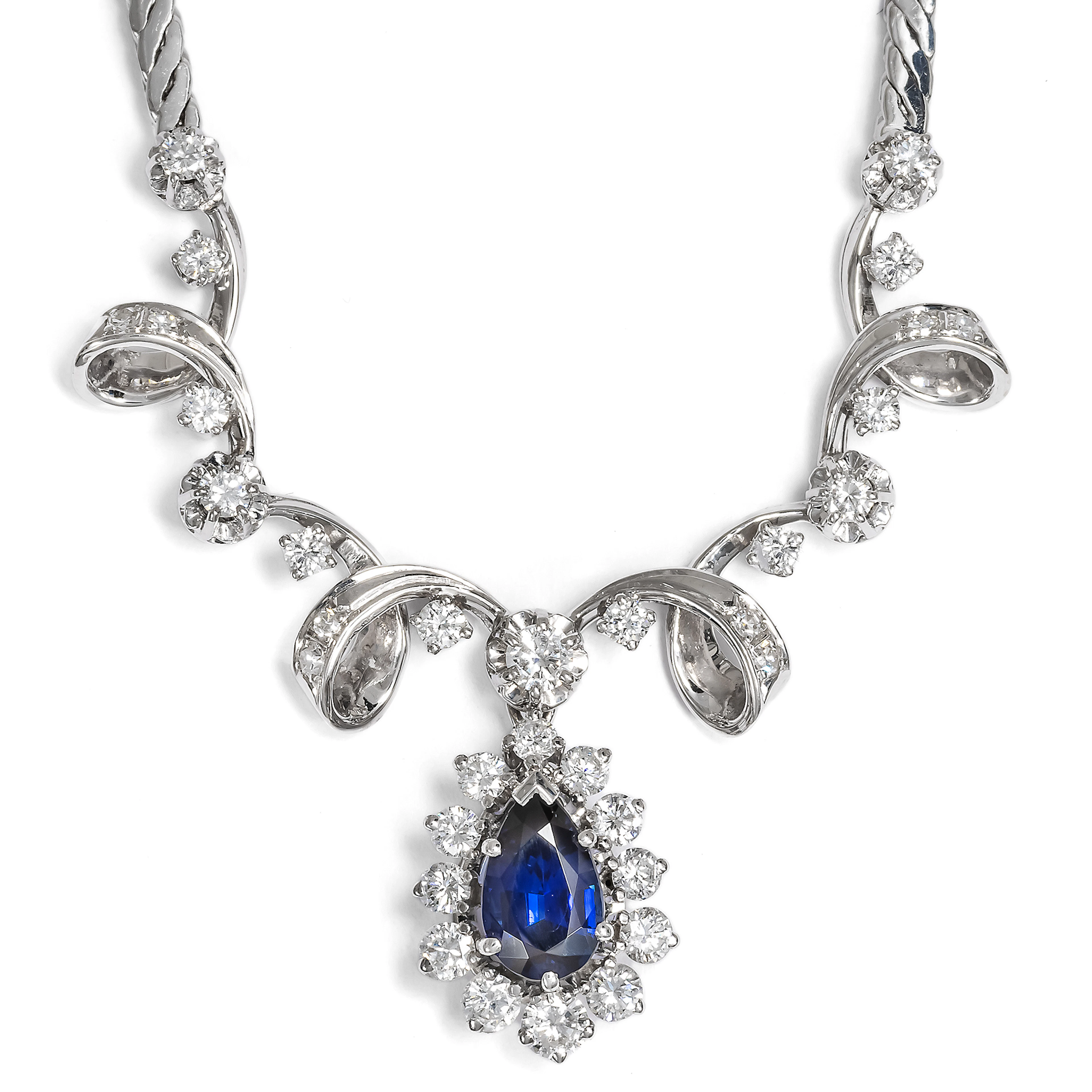 Precious White Gold Necklace with Sapphire & Diamonds, Germany c. 1975