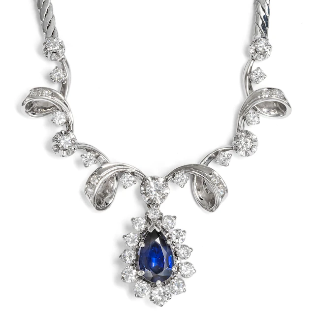 Precious White Gold Necklace with Sapphire & Diamonds, Germany c. 1975