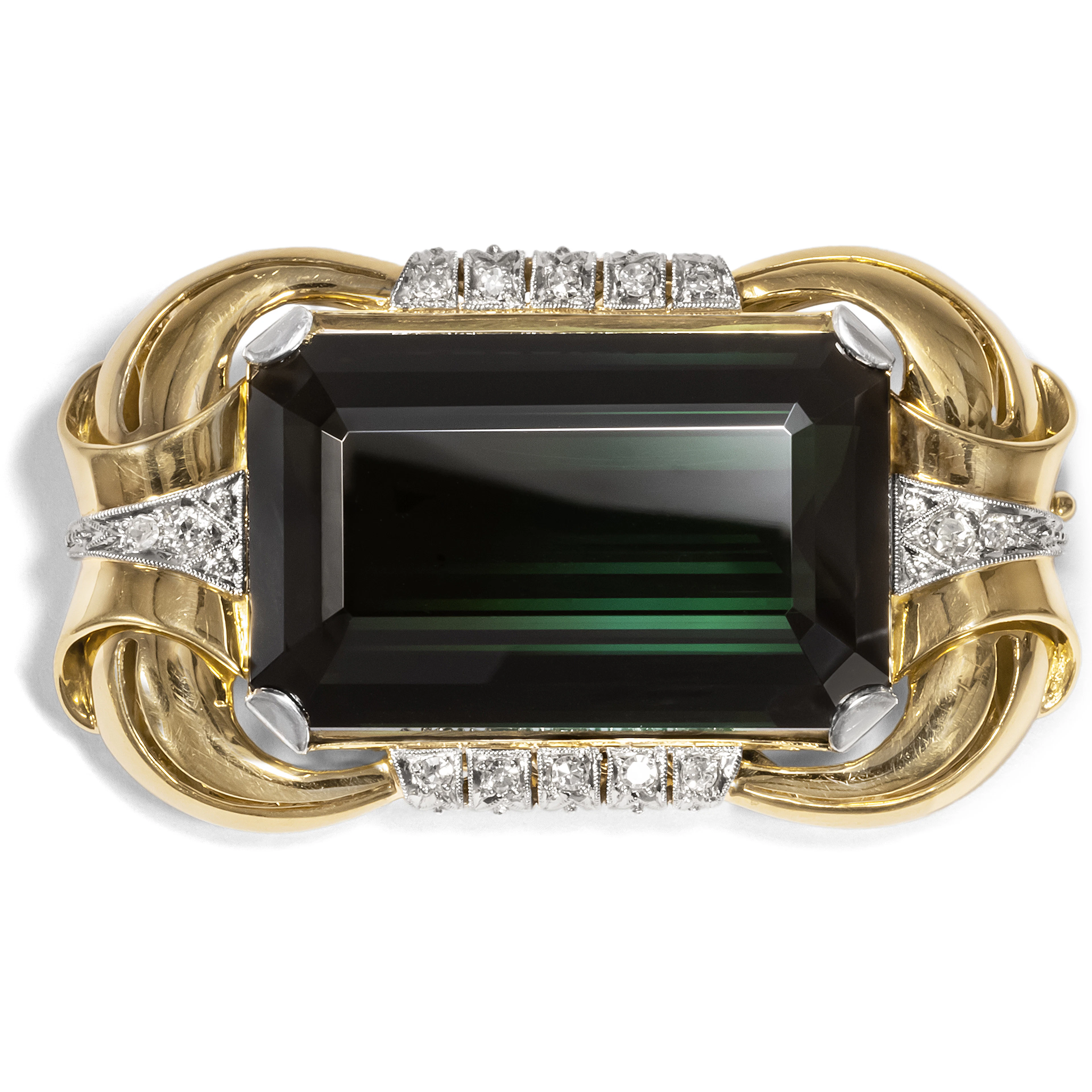 Glamorous Brooch of Late Art Deco With Large Tourmaline, Around 1935