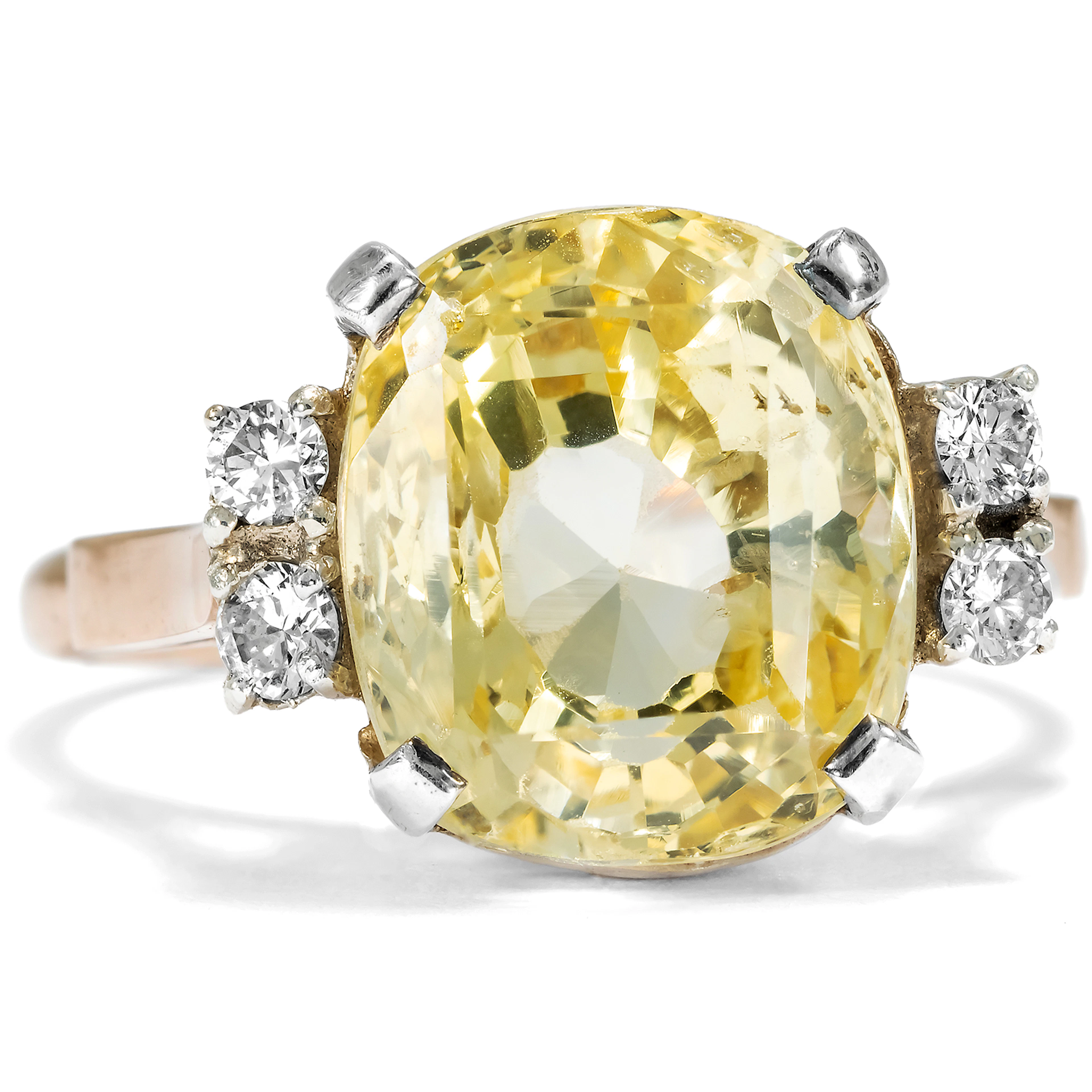 Ring With Natural Yellow Sapphire & Diamonds In Red Gold & Silver