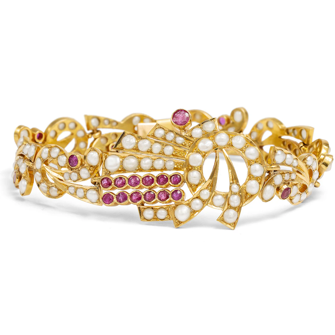 Glamorous "Drapery" Bracelet with Burma Rubies & Natural Pearls, 1940s