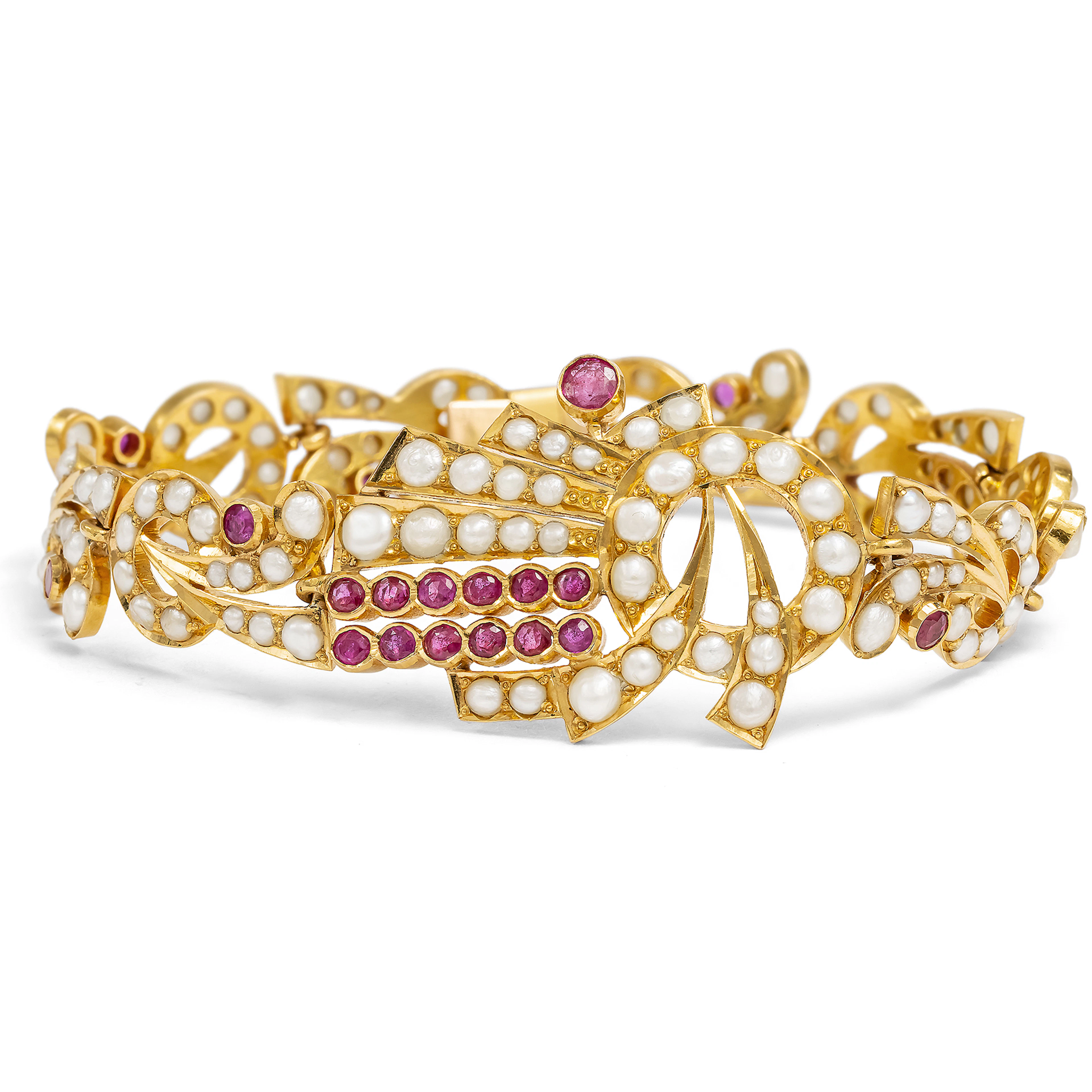 Glamorous "Drapery" Bracelet with Burma Rubies & Natural Pearls, 1940s