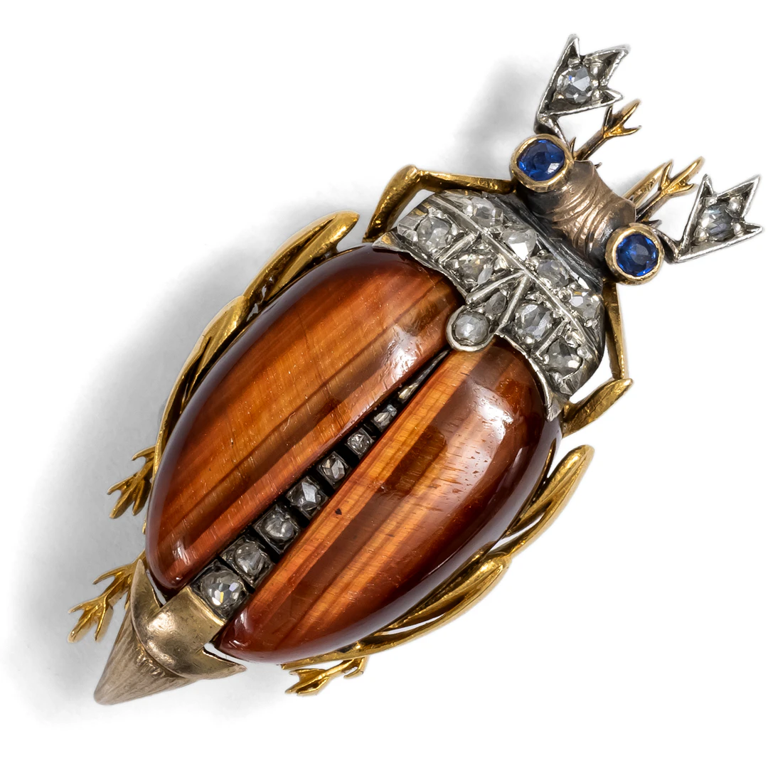 Antique Gold Beetle Brooch with Tiger's Eye, Sapphires, and Diamonds