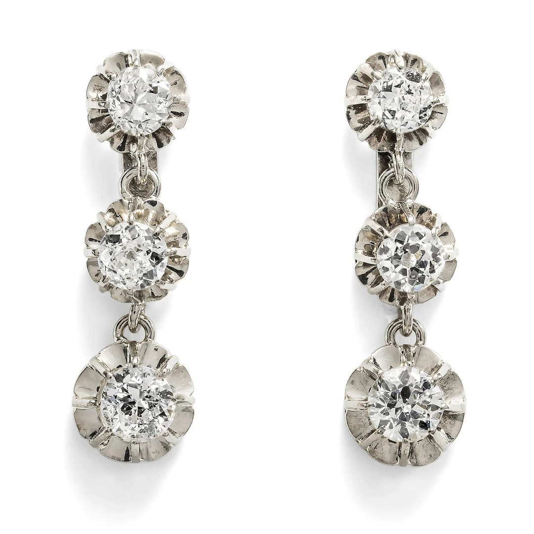 Antique Earringd with 1.14 ct Old Cut Diamonds in White Gold, French, c. 1920