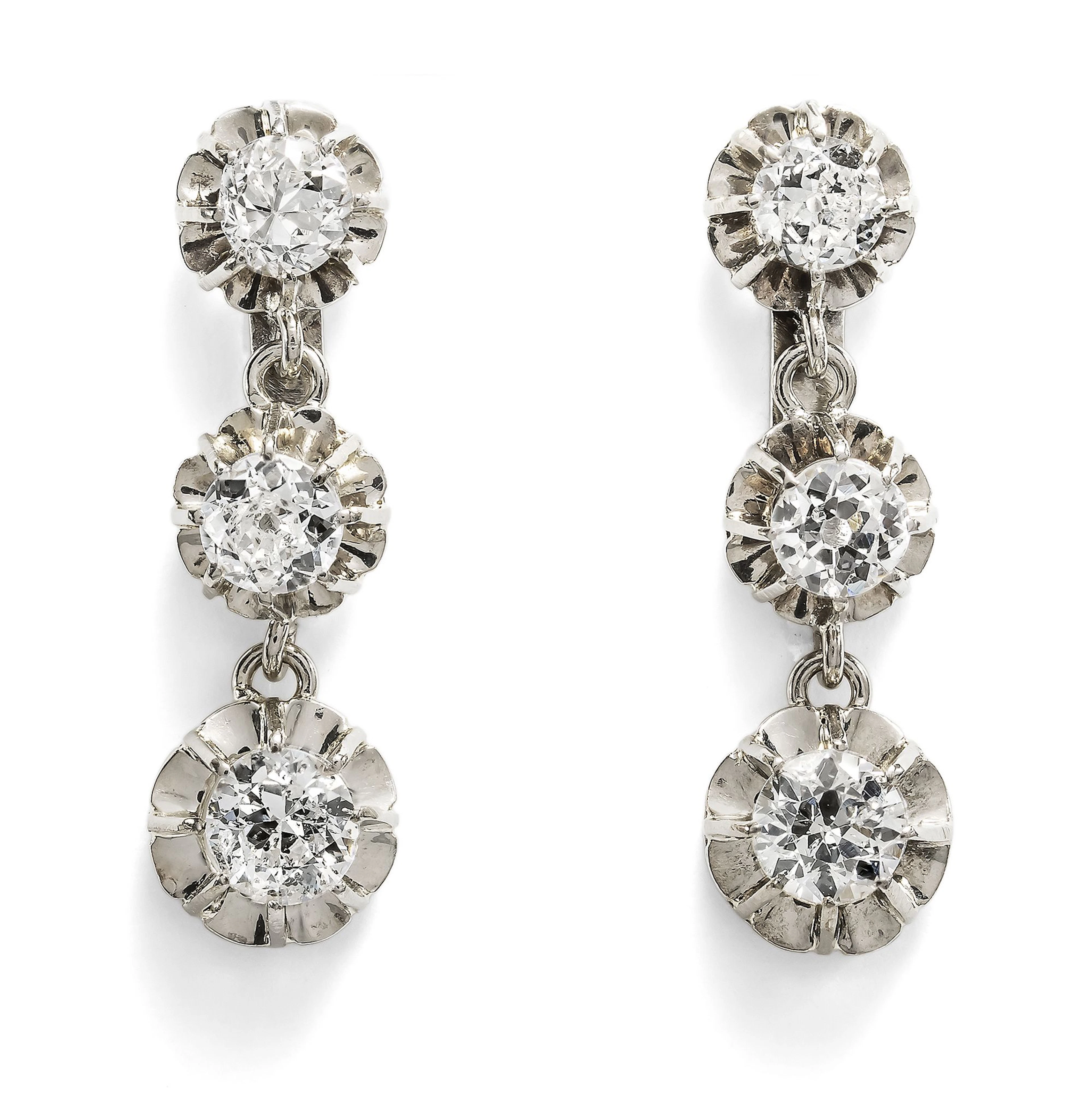 Antique Earringd with 1.14 ct Old Cut Diamonds in White Gold, French, c. 1920