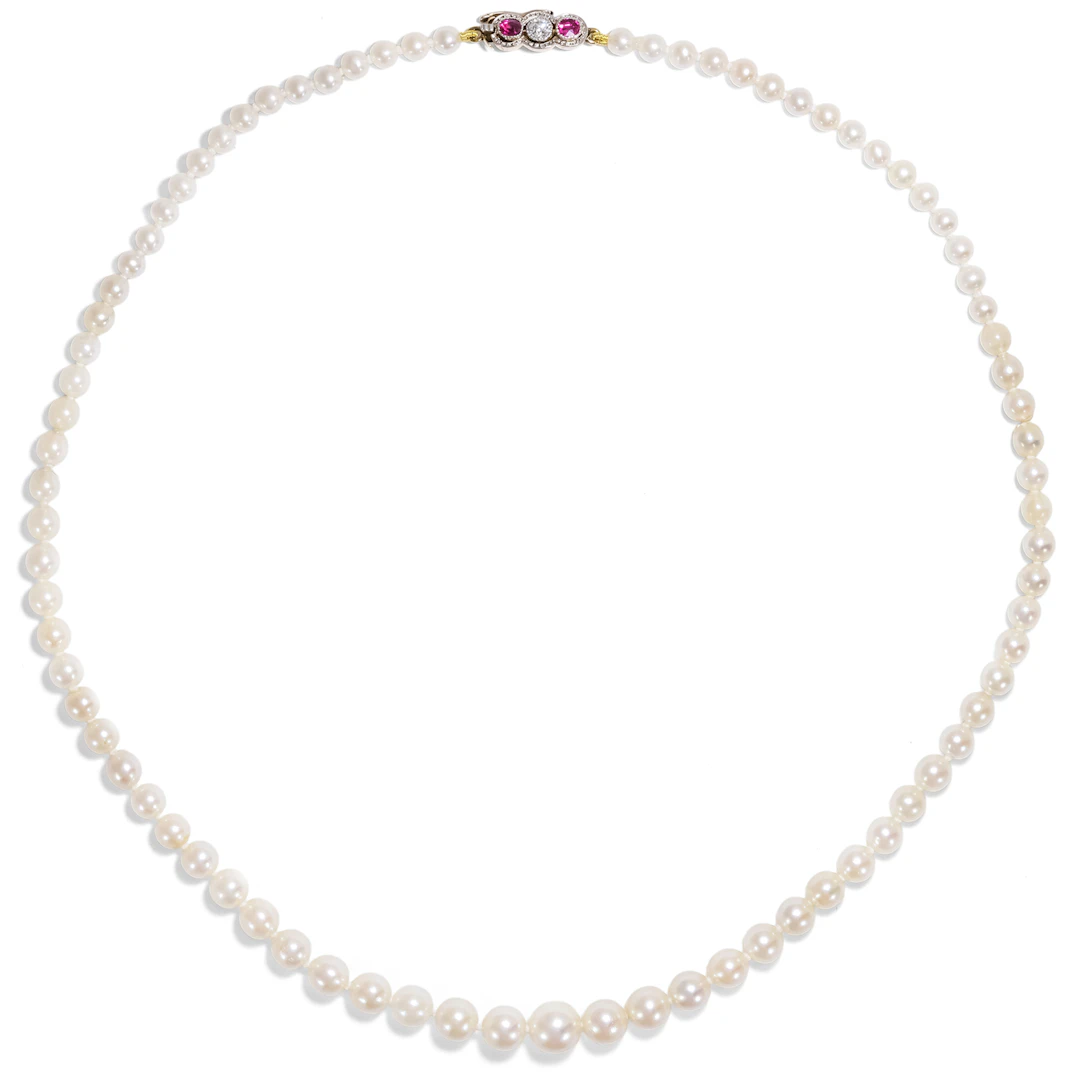 Vintage Akoya Pearl Necklace with Antique Diamond & Ruby Clasp, c. 1960/1910