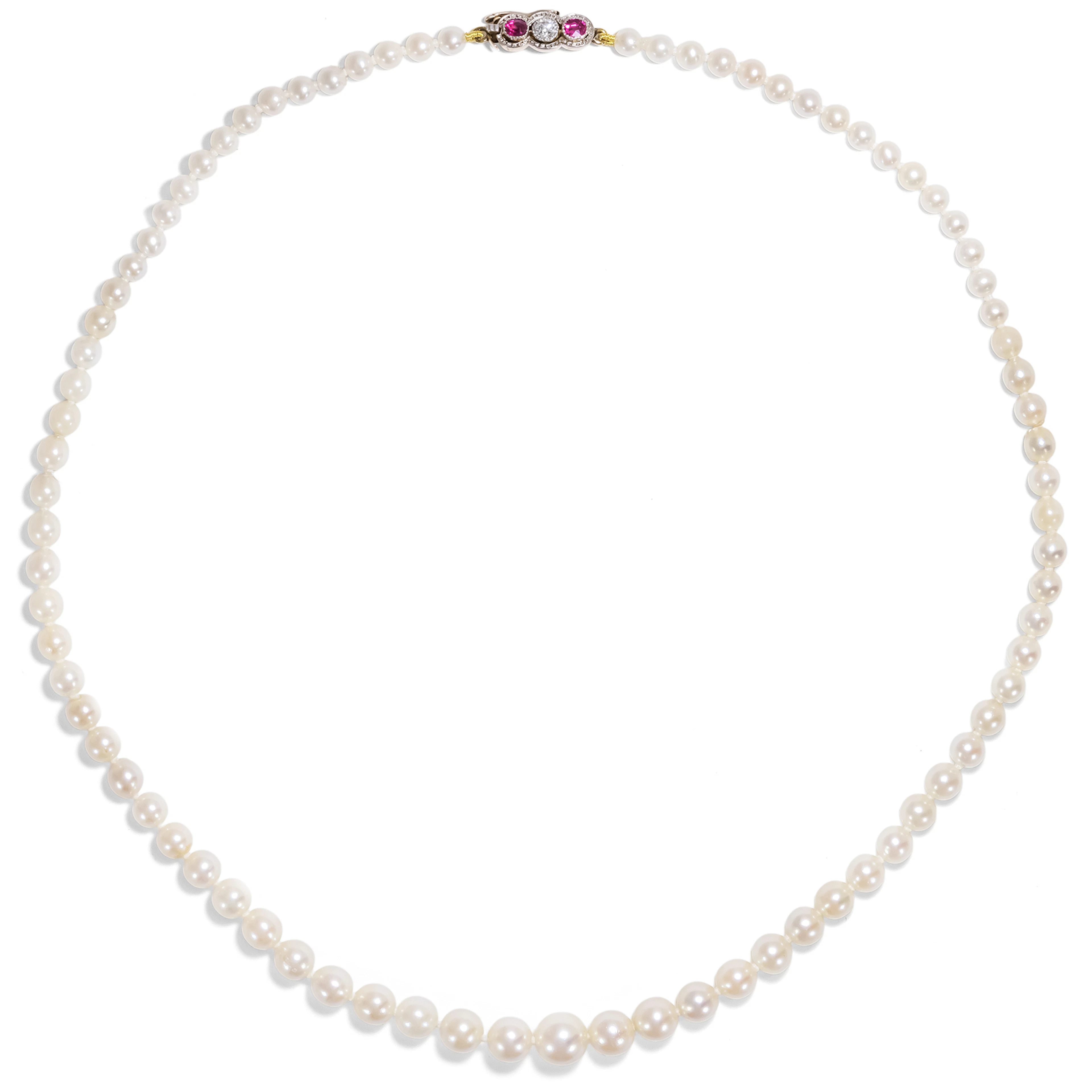 Vintage Akoya Pearl Necklace with Antique Diamond & Ruby Clasp, c. 1960/1910