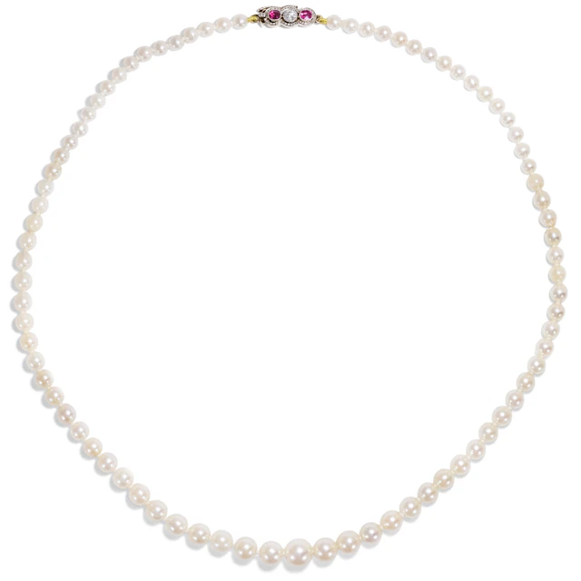 Vintage Akoya Pearl Necklace with Antique Diamond & Ruby Clasp, c. 1960/1910