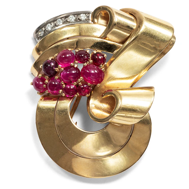 Parisian late Art Deco clip brooch set with ruby and diamonds, 1940s