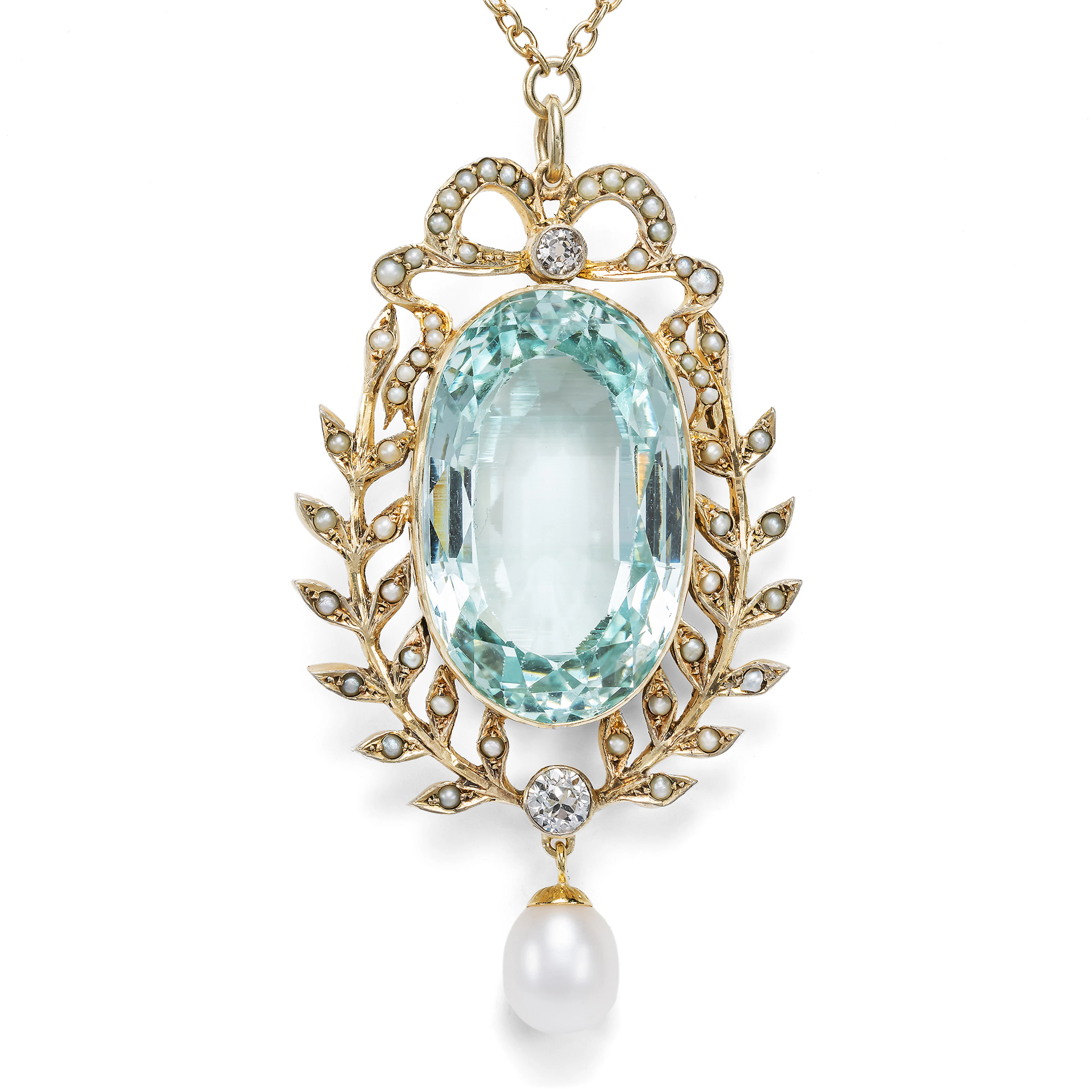 Antique Pendant with Large Aquamarine, Diamonds & Pearls, c. 1900 & Later