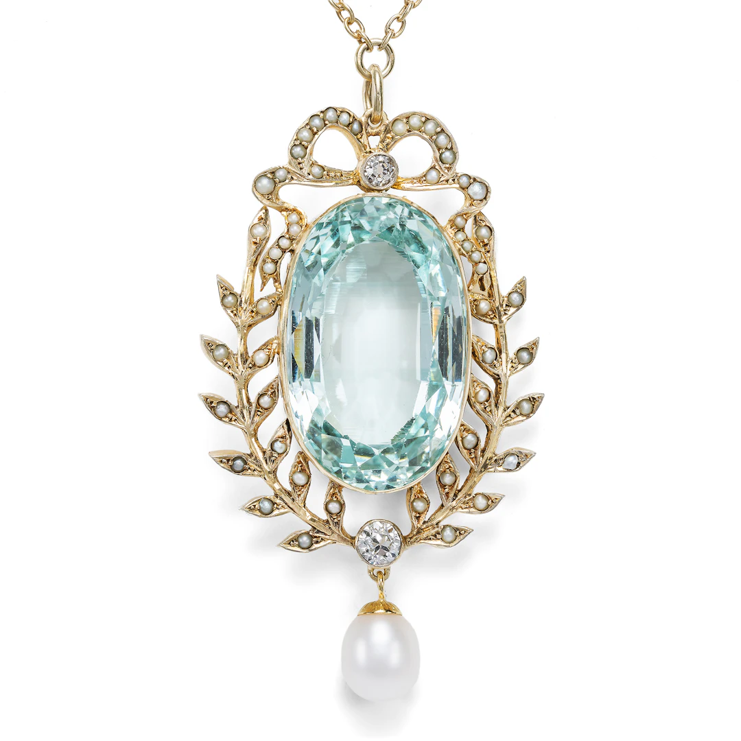 Antique Pendant with Large Aquamarine, Diamonds & Pearls, c. 1900 & Later