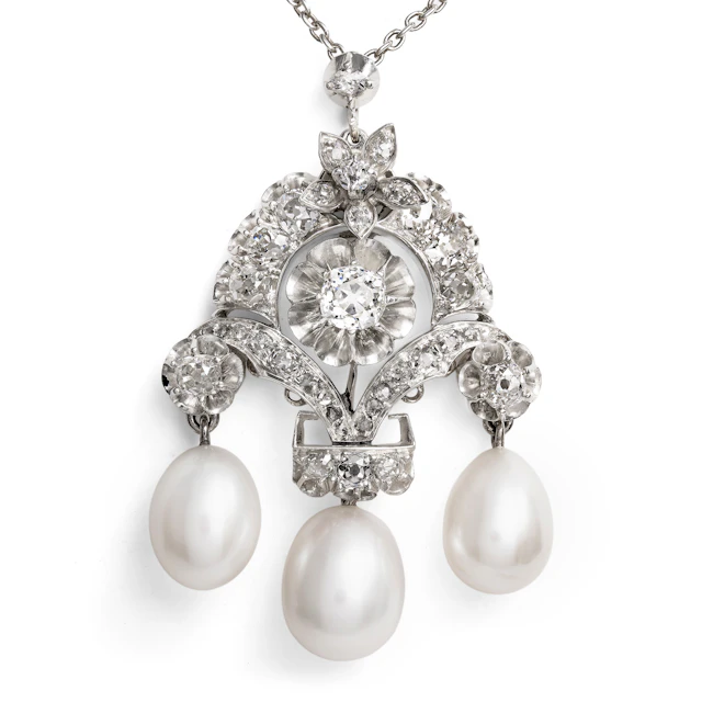 Unusual Pendant with Diamonds in Silver & Gold with Cultured Pearls