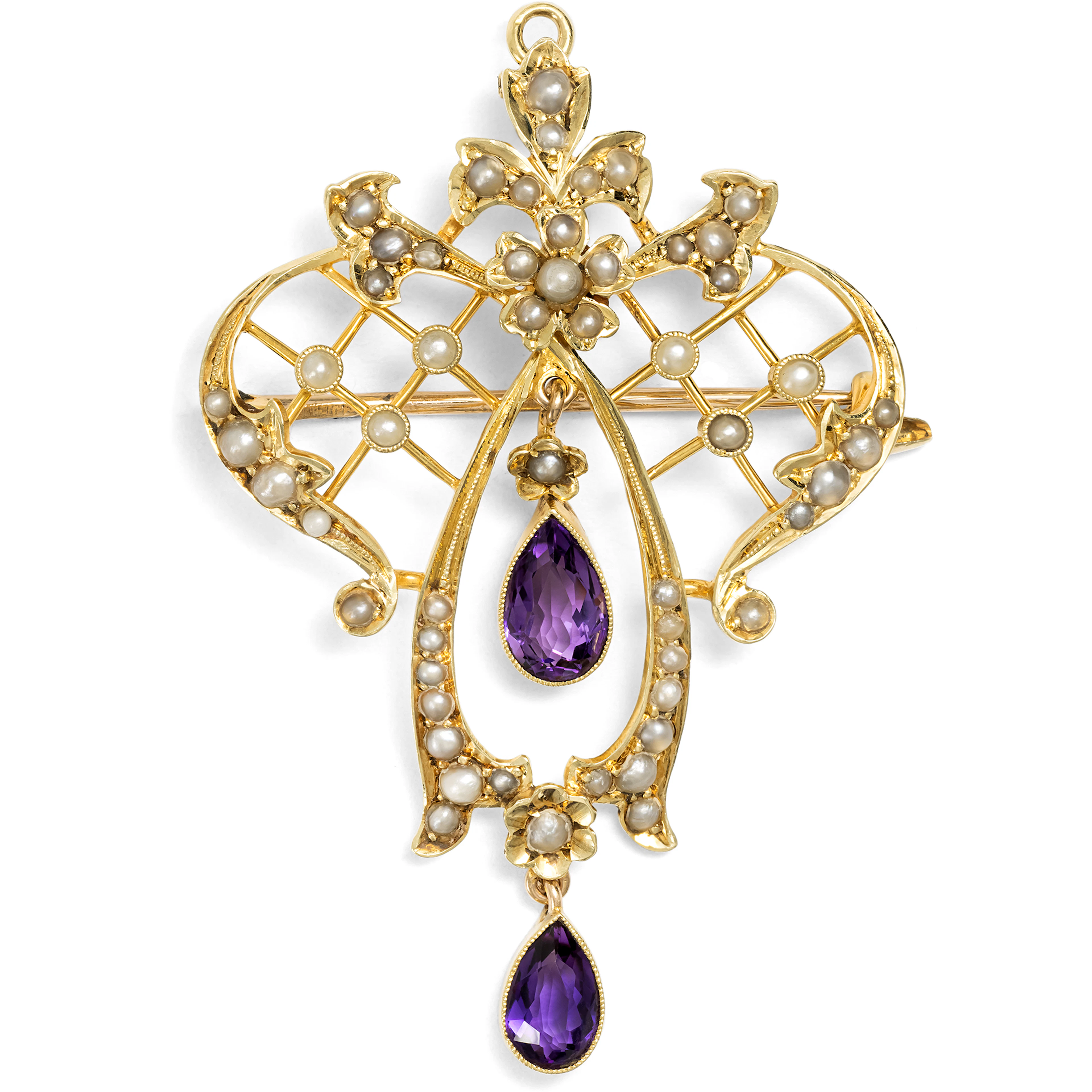 Antique Gold Brooch With Amethysts & Natural Pearls, England Circa 1905