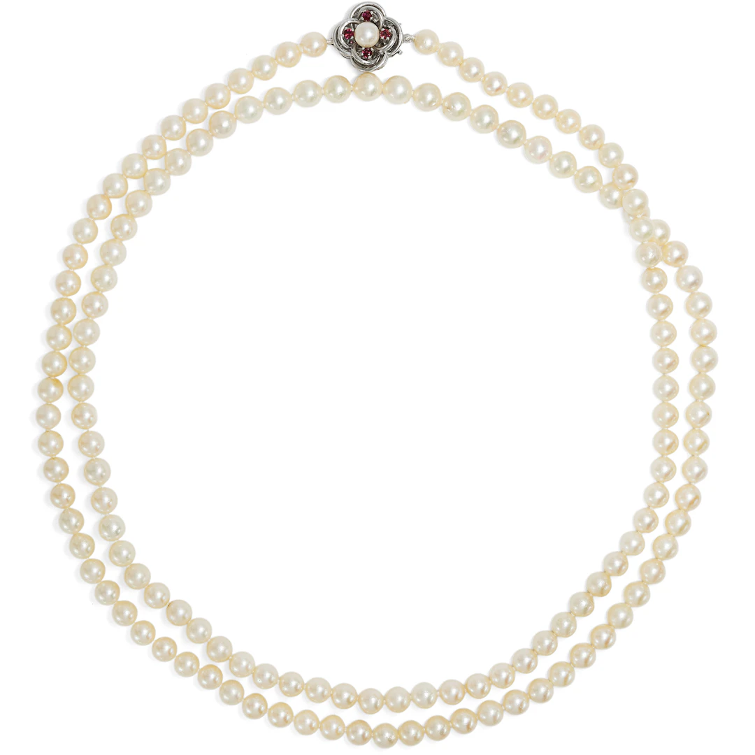 Classic Opera-Length Cultured Pearl Necklace with Ruby Clasp, 103