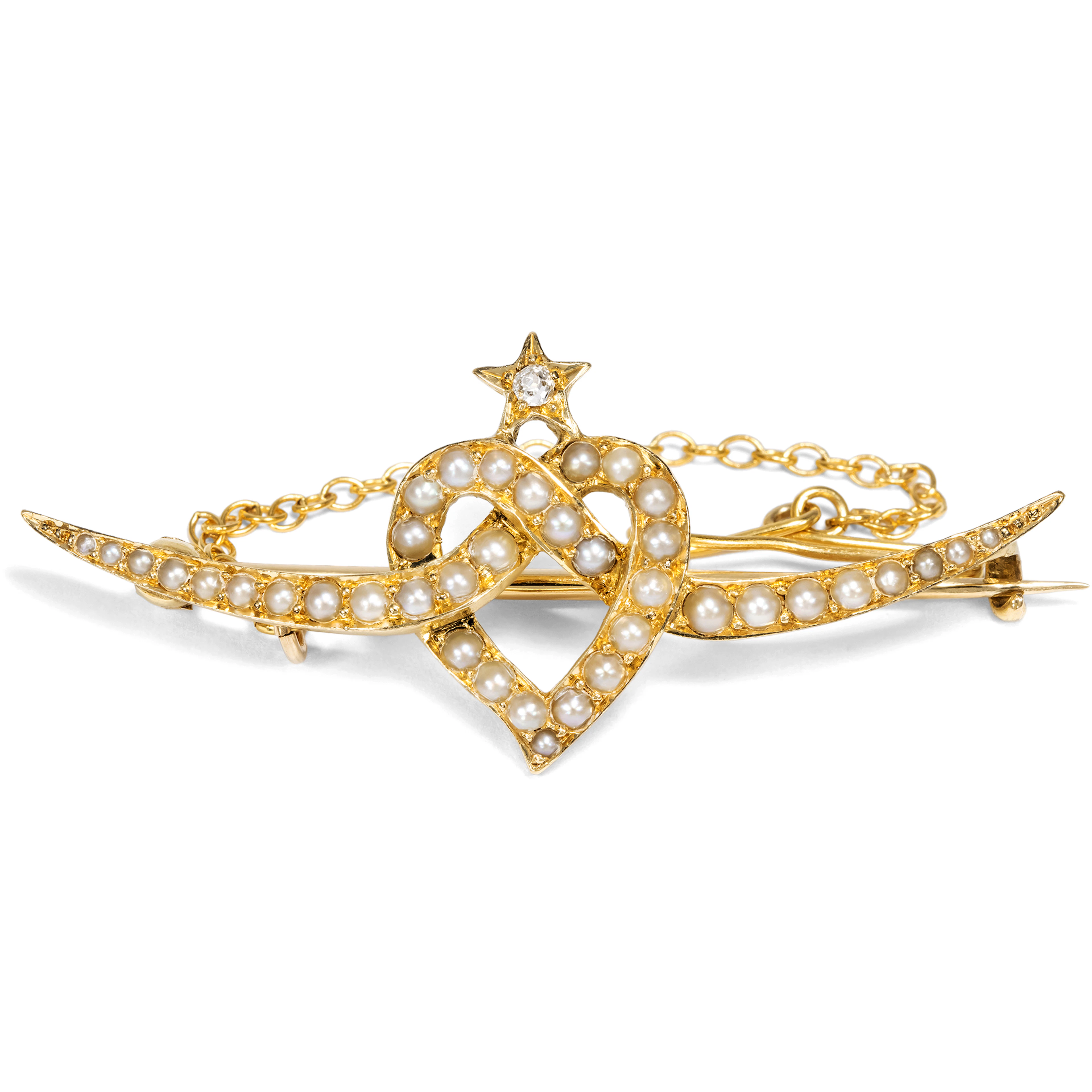 Antique Brooch with Diamond and Pearls in Gold, British, c. 1890