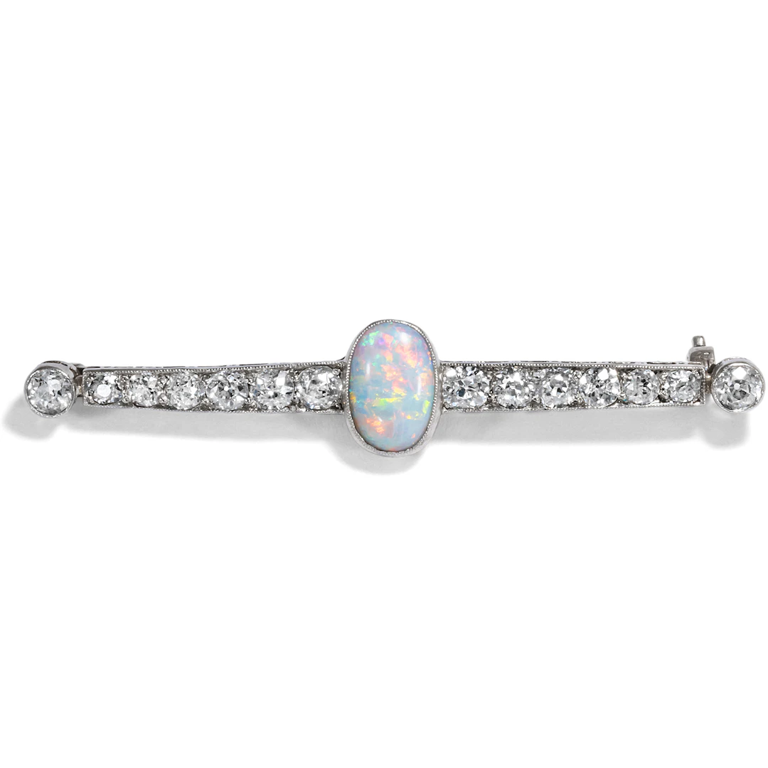 Luxurious Antique Bar Brooch With Opal & Diamonds in Platinum, c. 1910