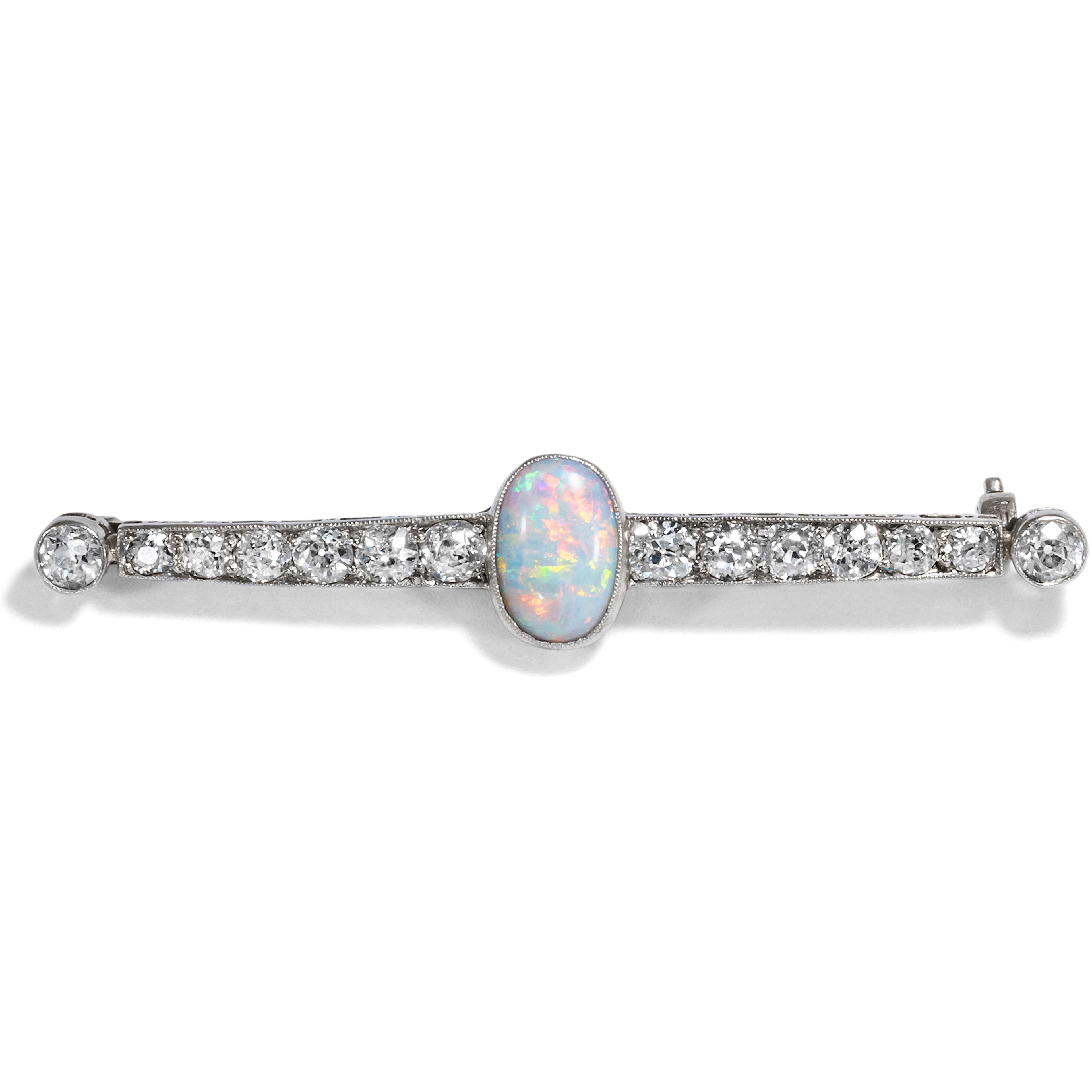 Luxurious Antique Bar Brooch With Opal & Diamonds in Platinum, c. 1910
