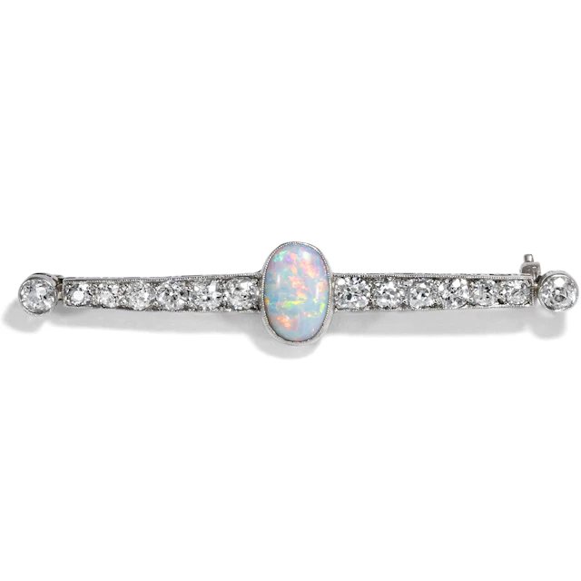 Luxurious Antique Bar Brooch With Opal & Diamonds in Platinum, c. 1910