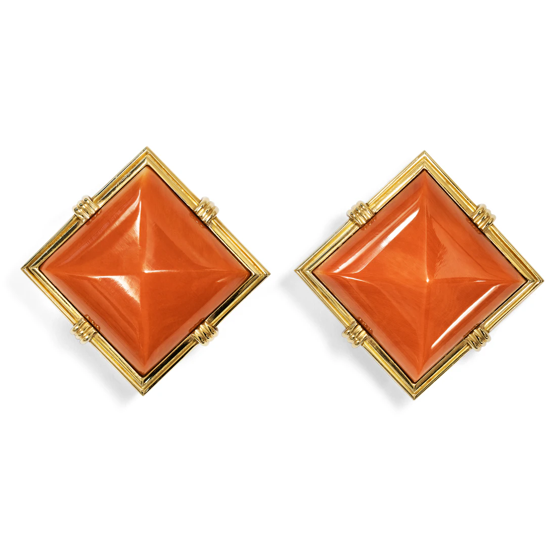 Fabulous Clip Earrings with very Large Pacific Corals in Gold, c. 1985
