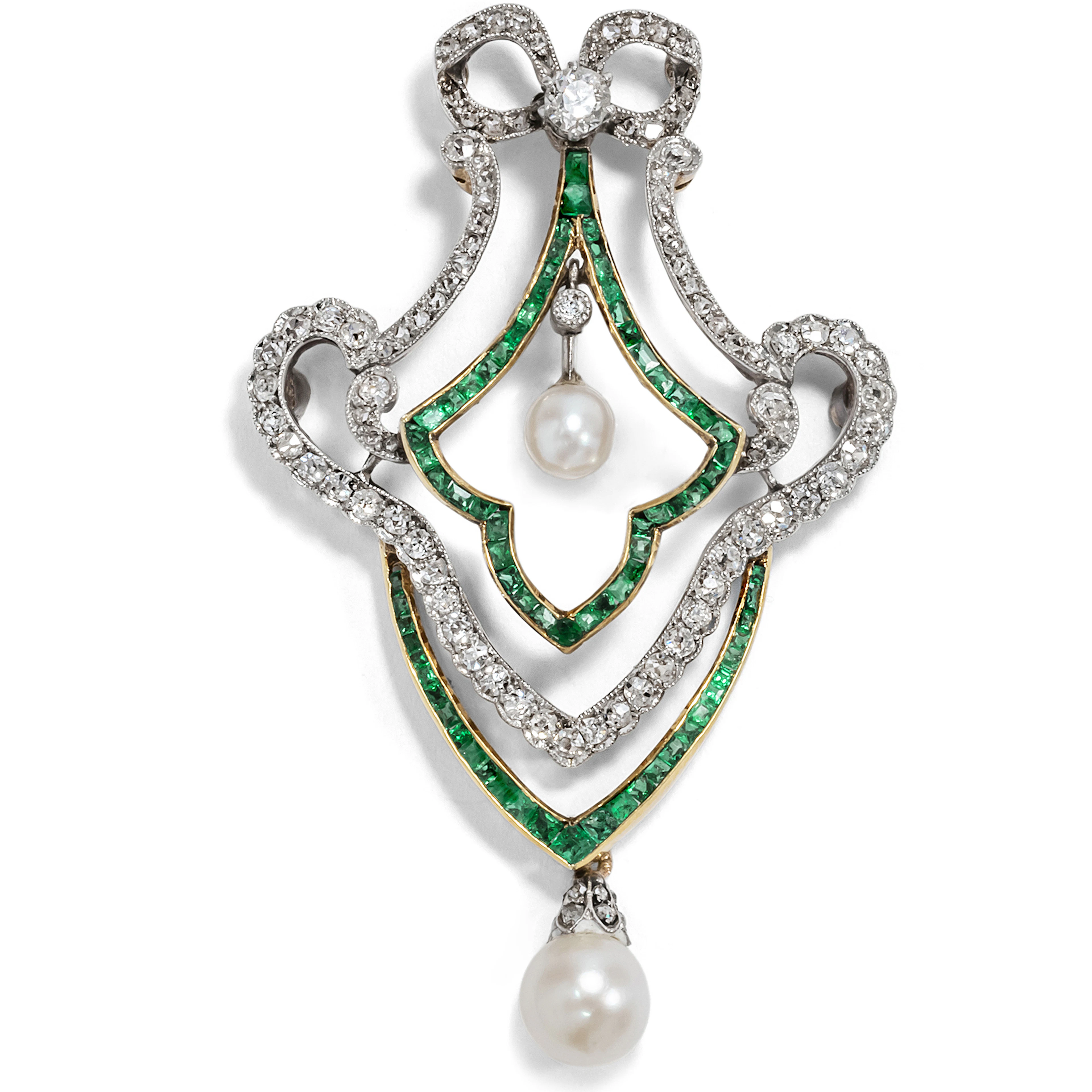 Artful Belle Époque Pendant Brooch with Emeralds & Diamonds, circa 1910