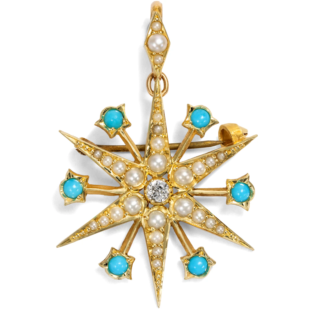 Antique Pendant-Brooch with Diamond, Turquoises and Pearls, British, c. 1900