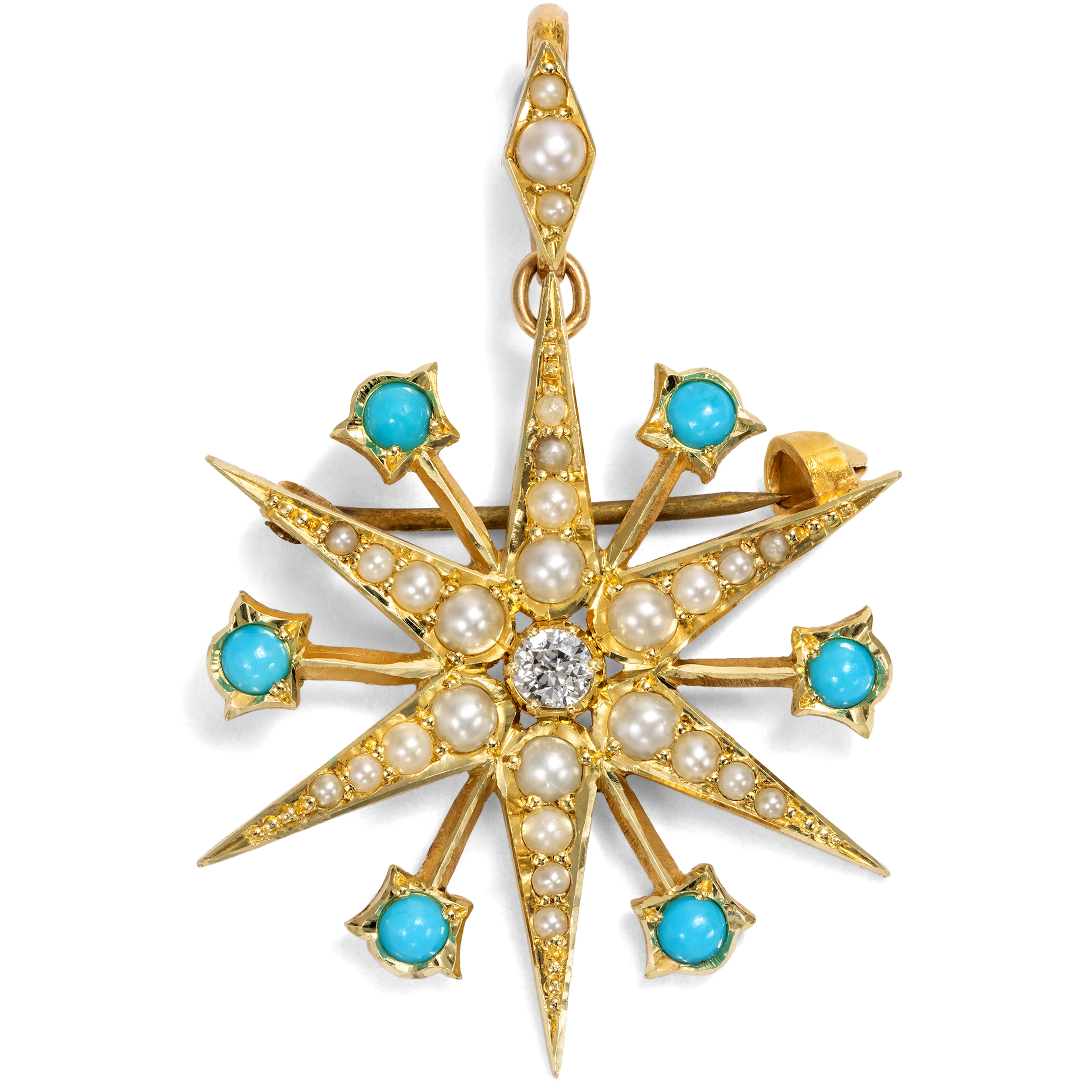 Antique Pendant-Brooch with Diamond, Turquoises and Pearls, British, c. 1900