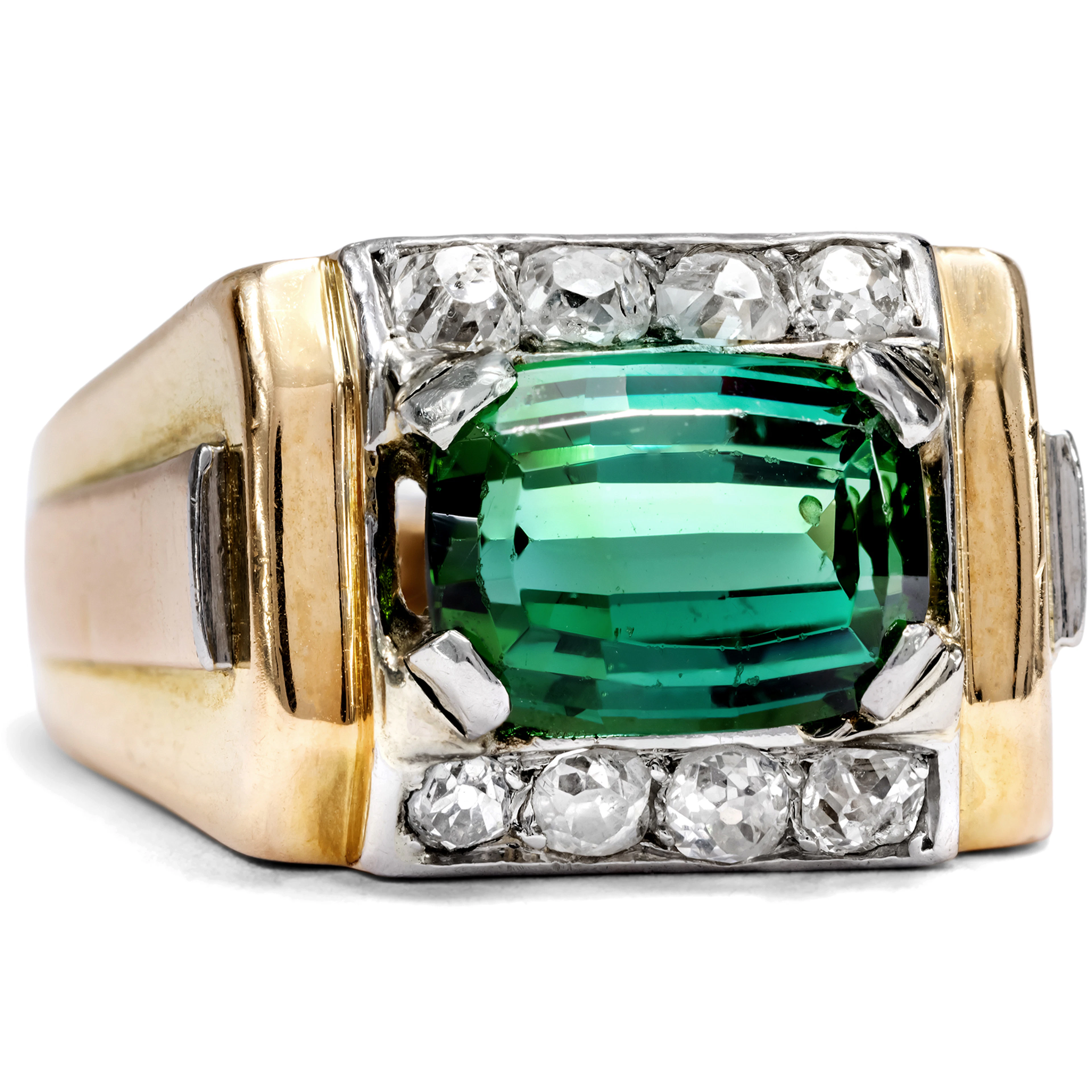 Bold Retro Style Rng with Green Tourmaline & Diamonds, c. 1940