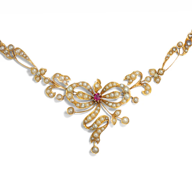 Antique Art Nouveau Necklace with Pearls & Ruby in Gold, c. 1900