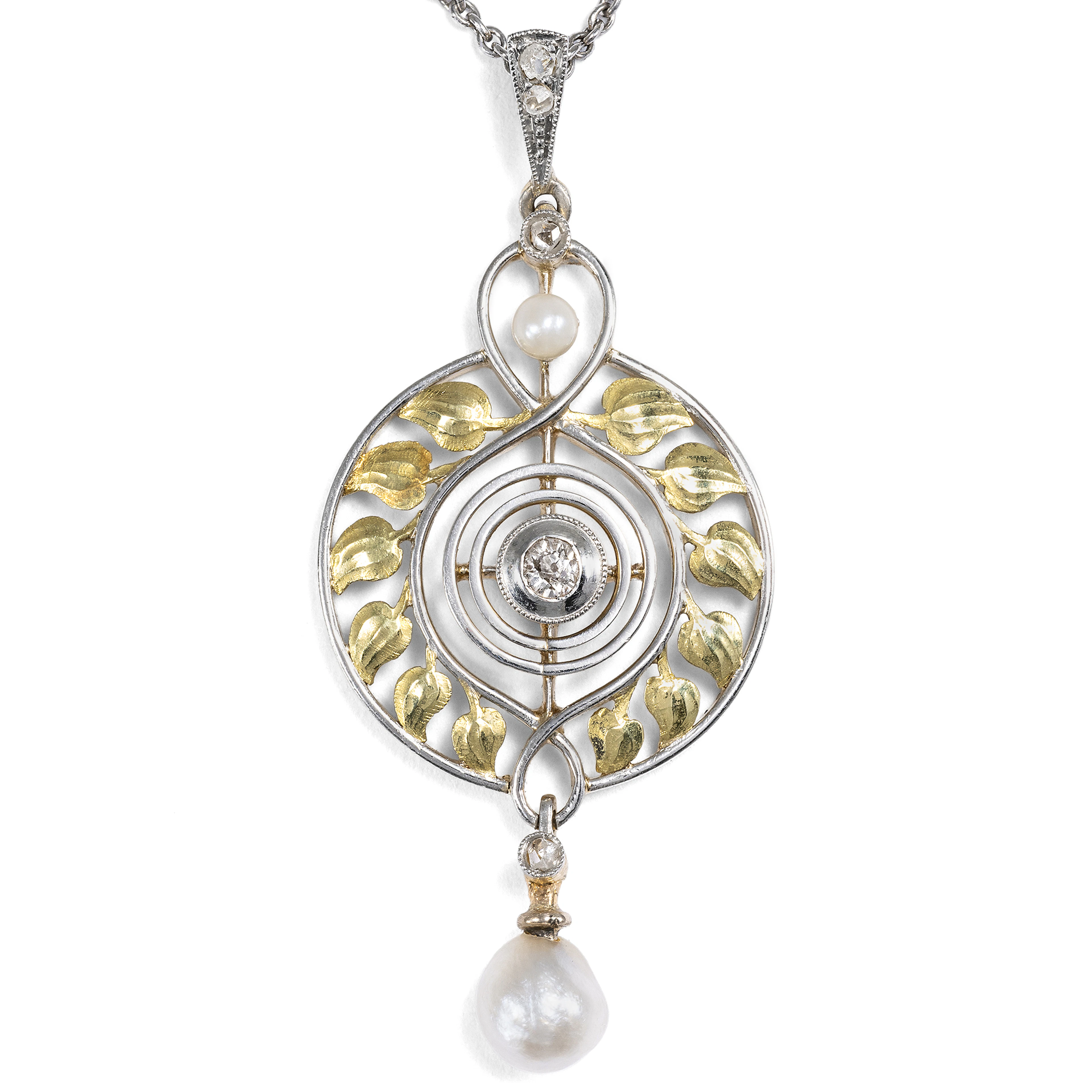 Antique Arts & Crafts Pendant with Diamonds and Pearls in Gold and