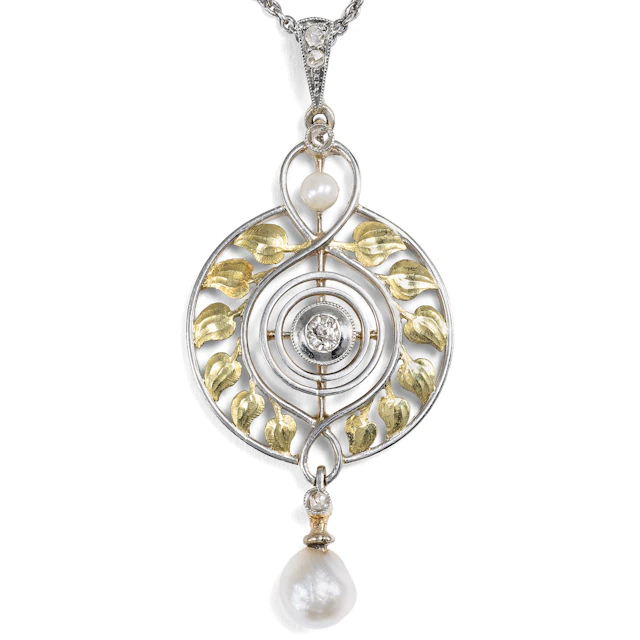 Antique Arts & Crafts Pendant with Diamonds and Pearls in Gold and