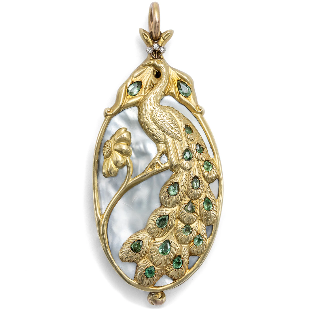 Antique Mirror Locket Pendant with Emeralds in Gold, c. 1900