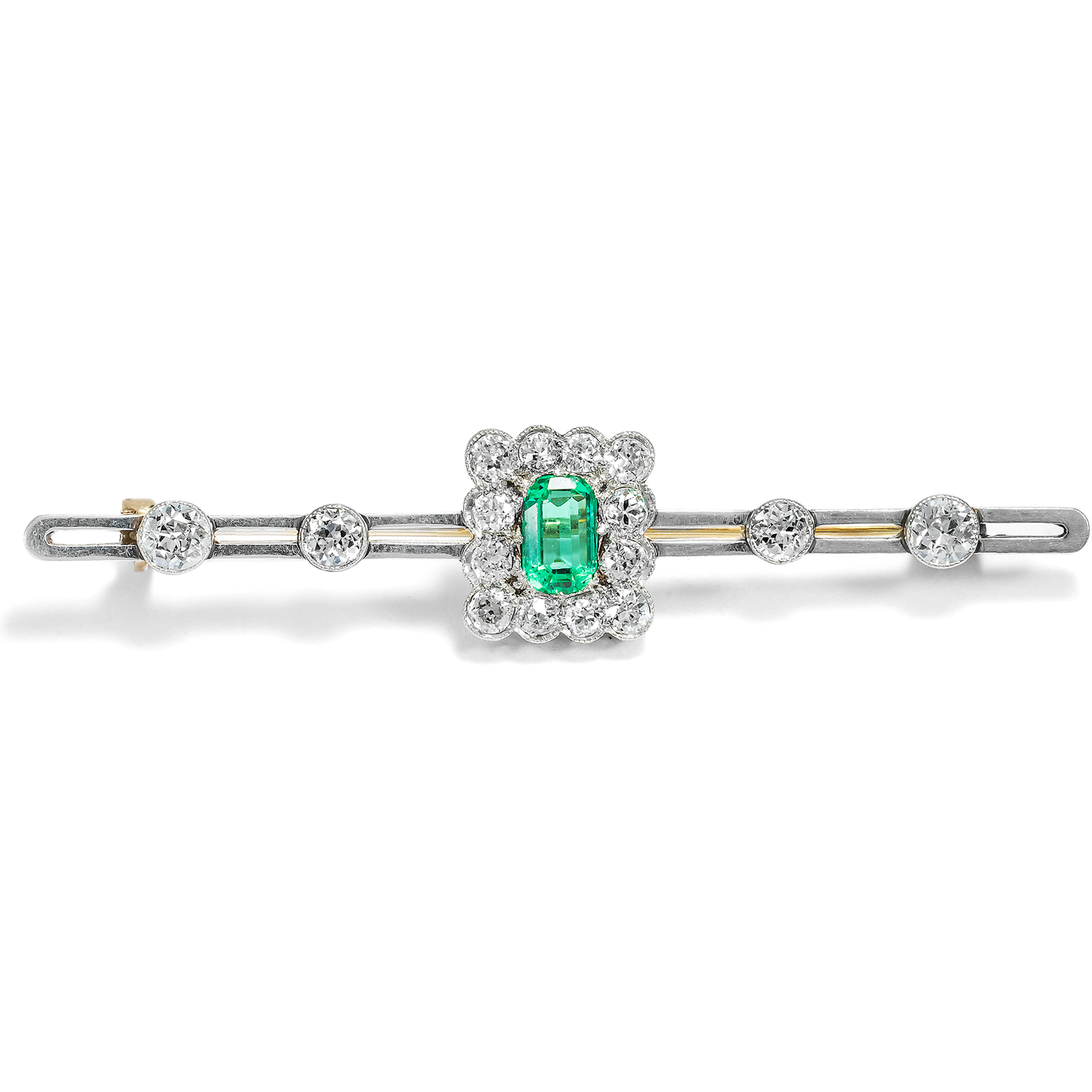 Art Déco Pin with Emerald & Diamonds in Platinum on Gold, c. 1930