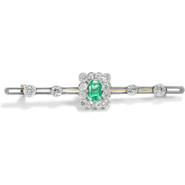 Art Déco Pin with Emerald & Diamonds in Platinum on Gold, c. 1930